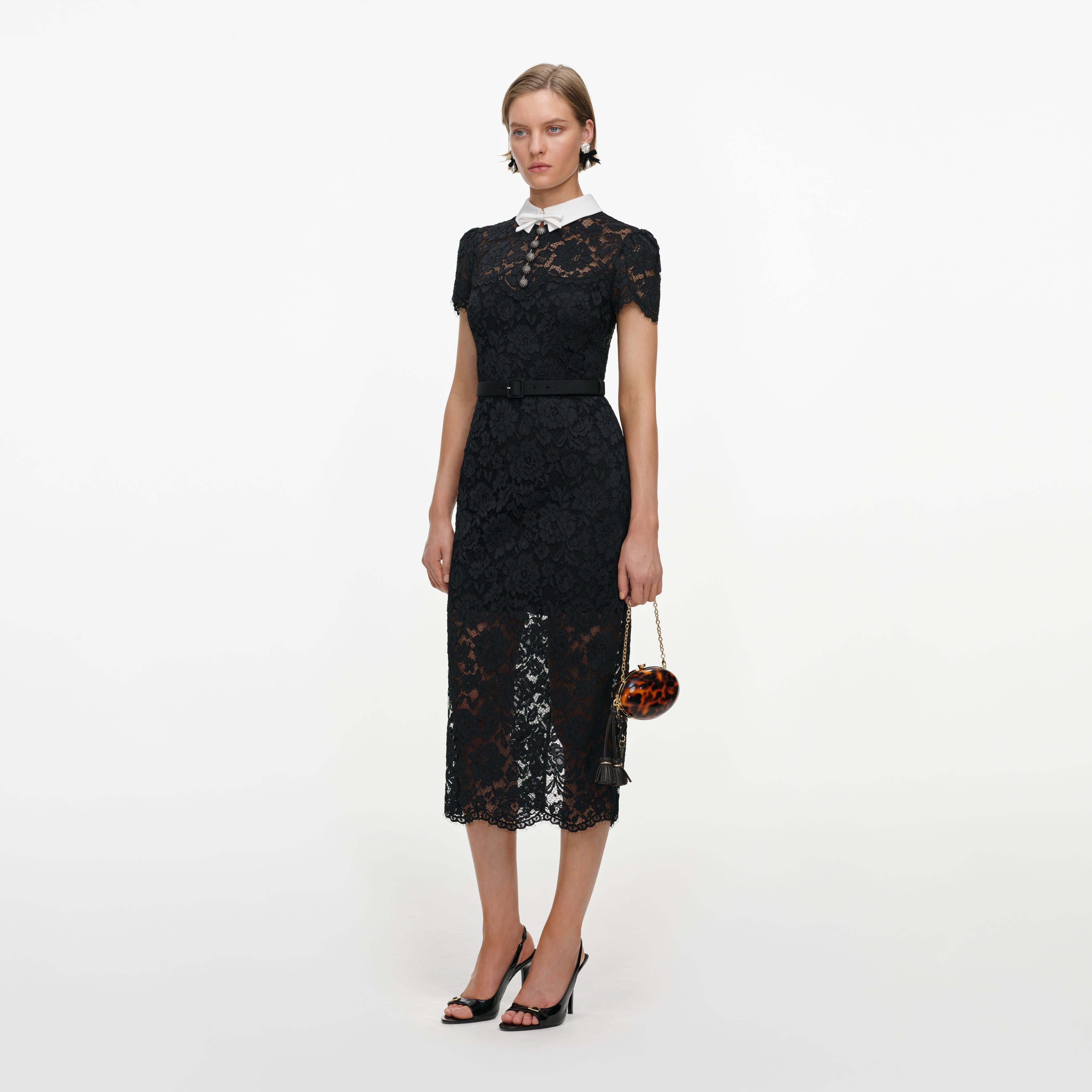 Black Lace Contrast Collar Midi Dress