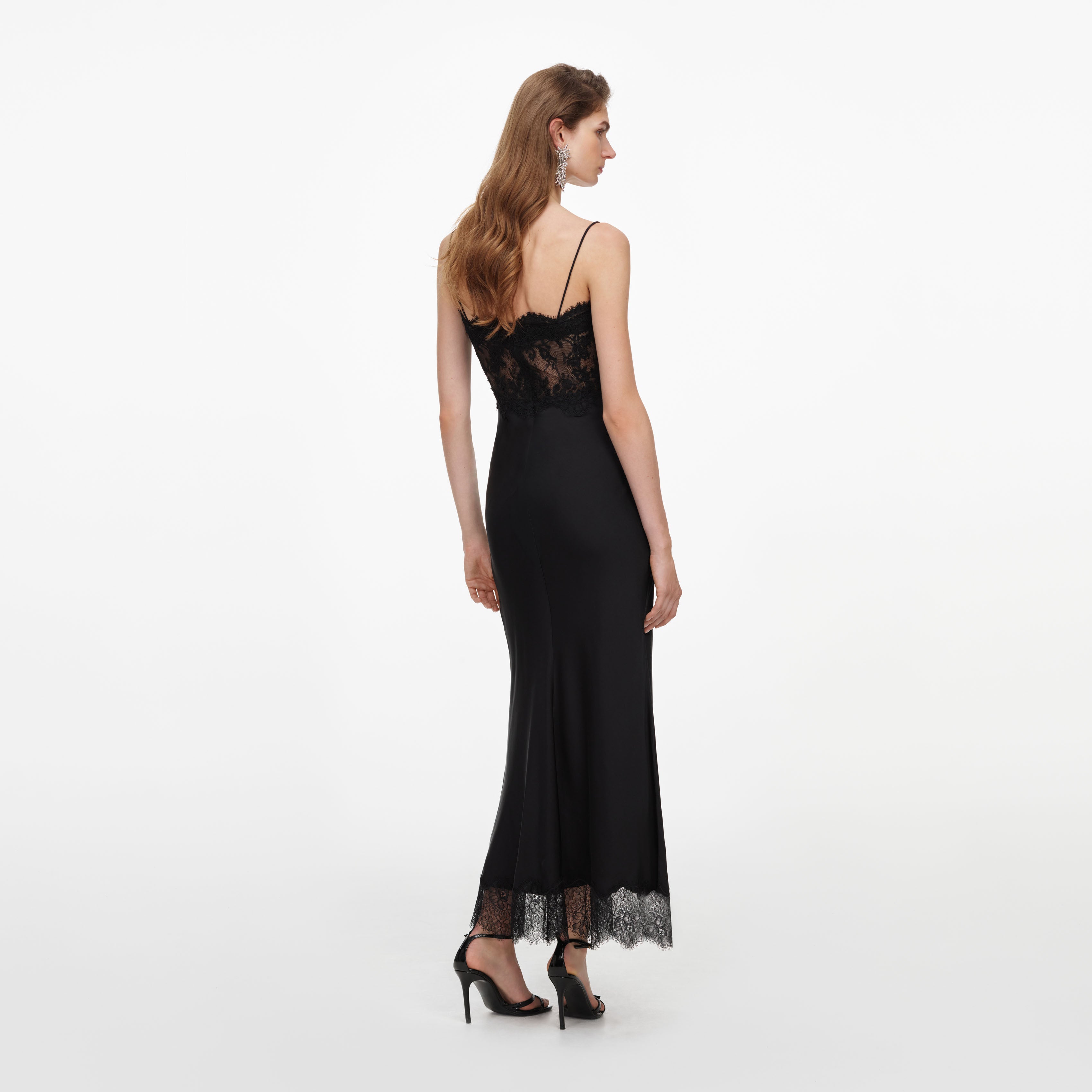 Black Satin Lace Midi Dress
