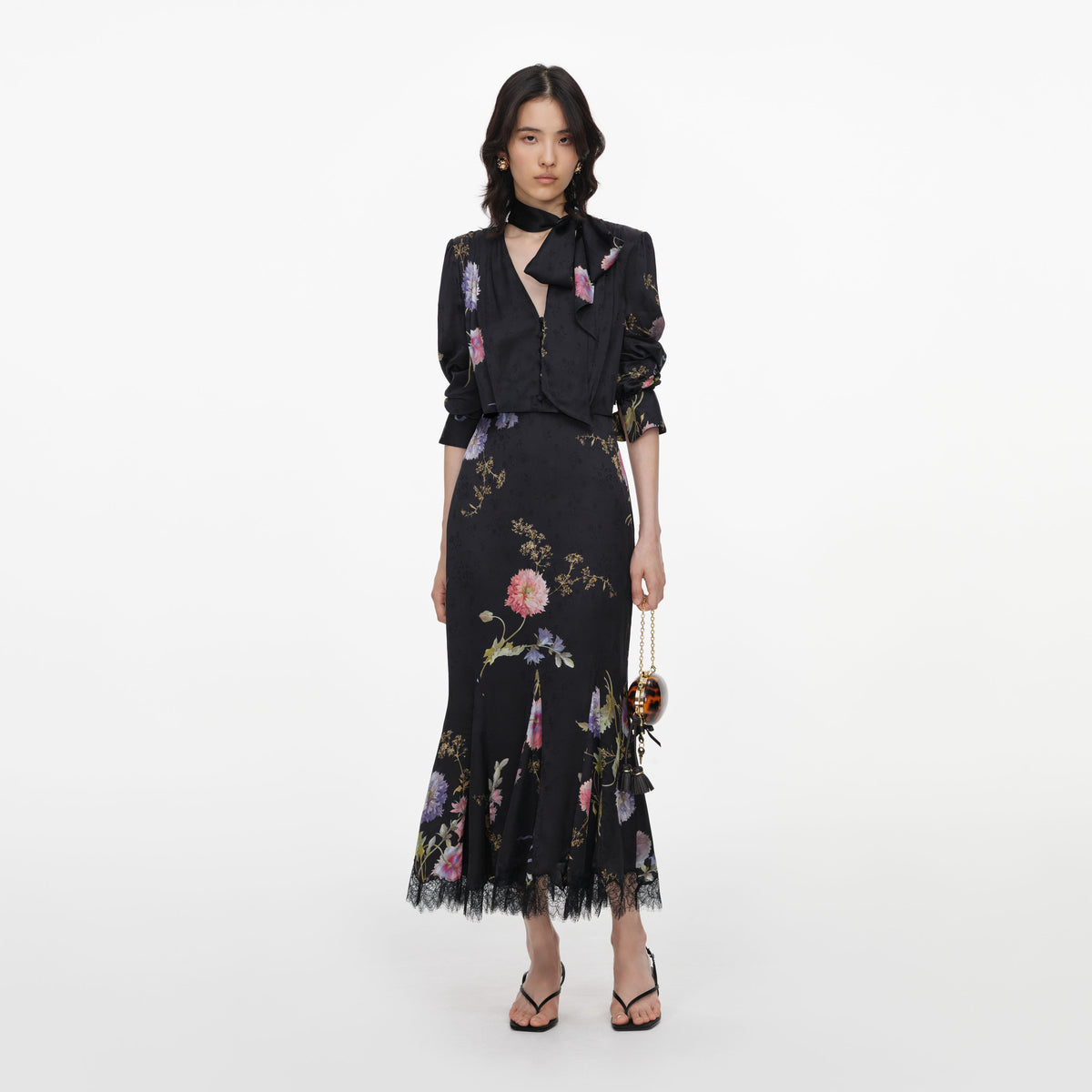 Black Satin Floral Printed Midi Dress