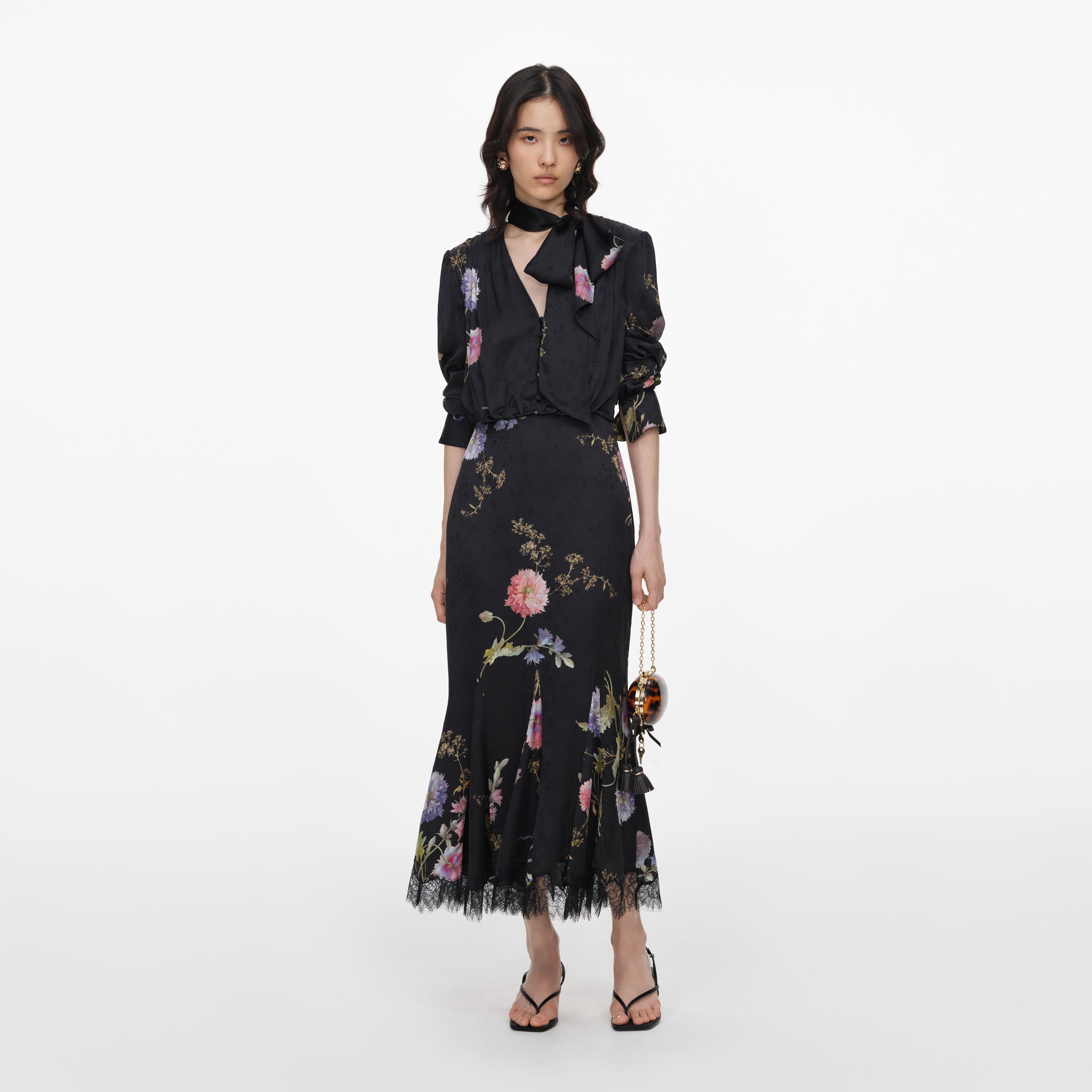Black Satin Floral Printed Midi Dress