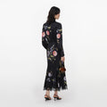 Black Satin Floral Printed Midi Dress