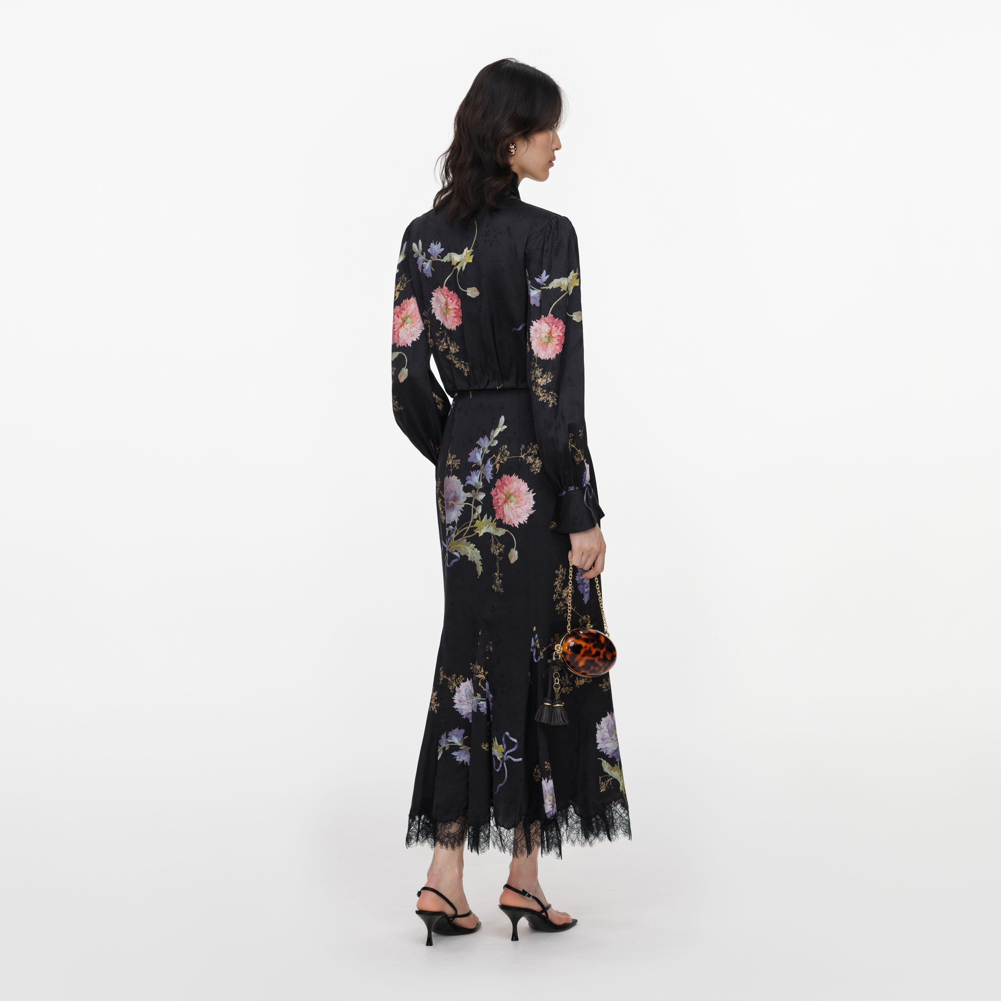 Black Satin Floral Printed Midi Dress