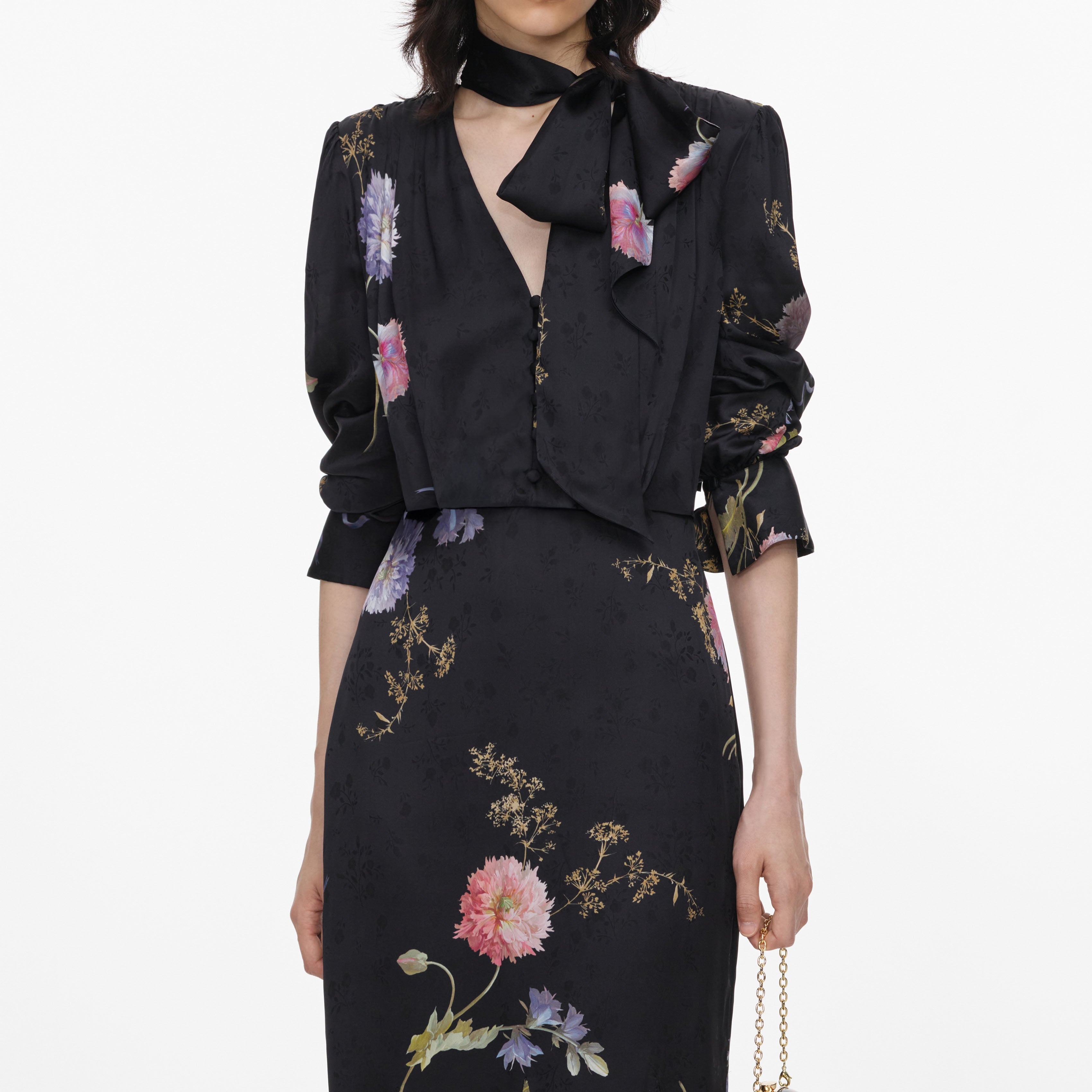 Black Satin Floral Printed Midi Dress