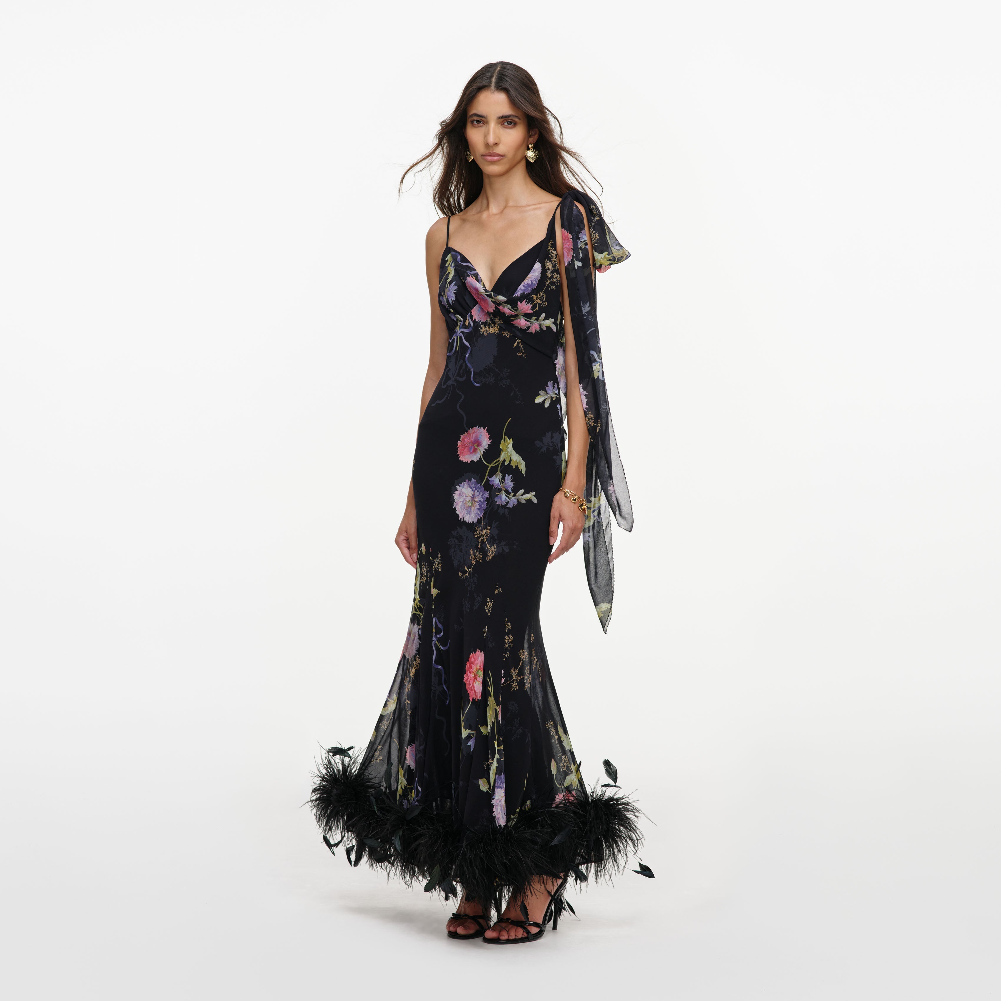 Black Floral Georgette Feather Maxi Dress