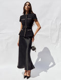 Black Boucle Crystal Trim Satin Midi Dress