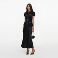 Black Boucle Crystal Trim Satin Midi Dress
