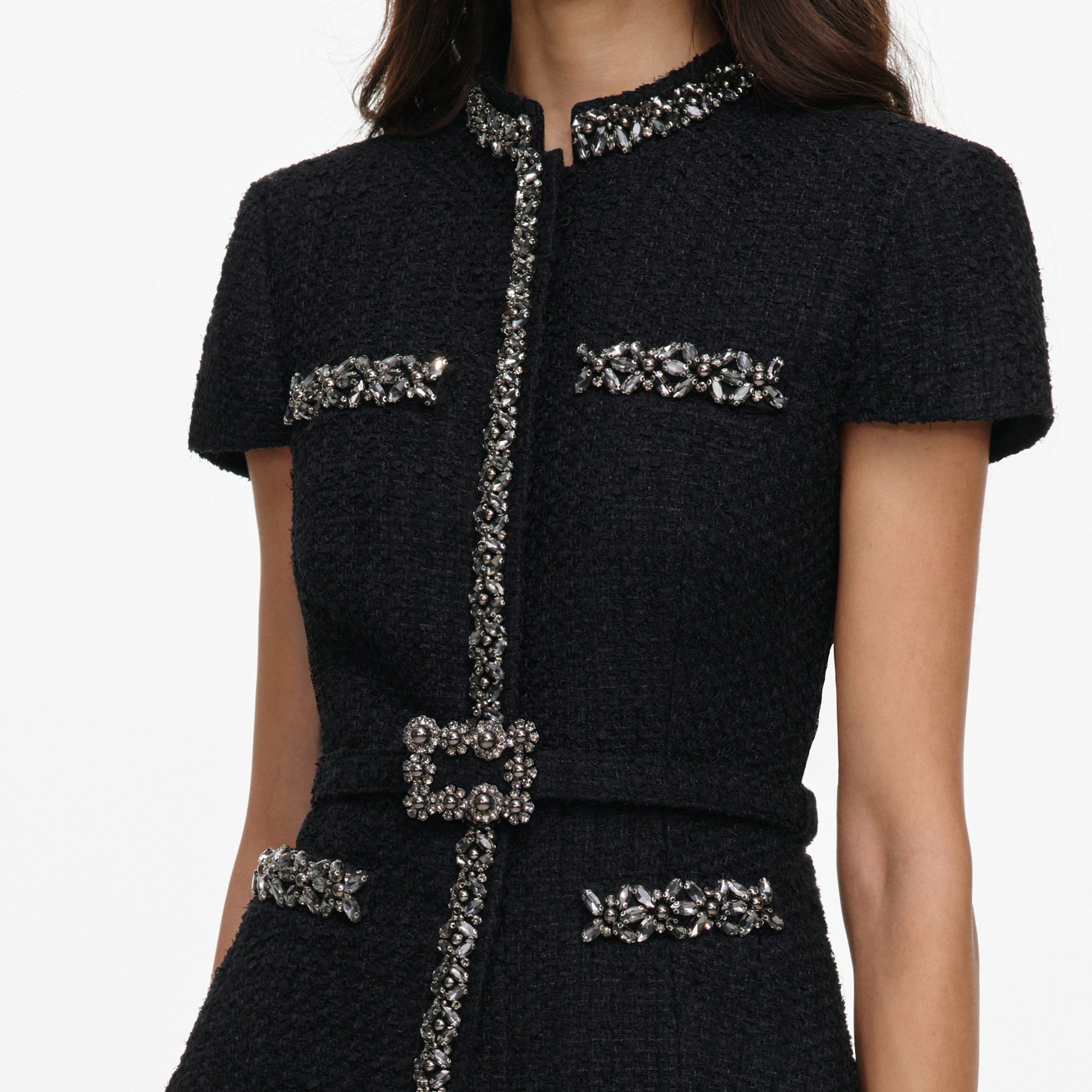 Black Boucle Crystal Trim Satin Midi Dress