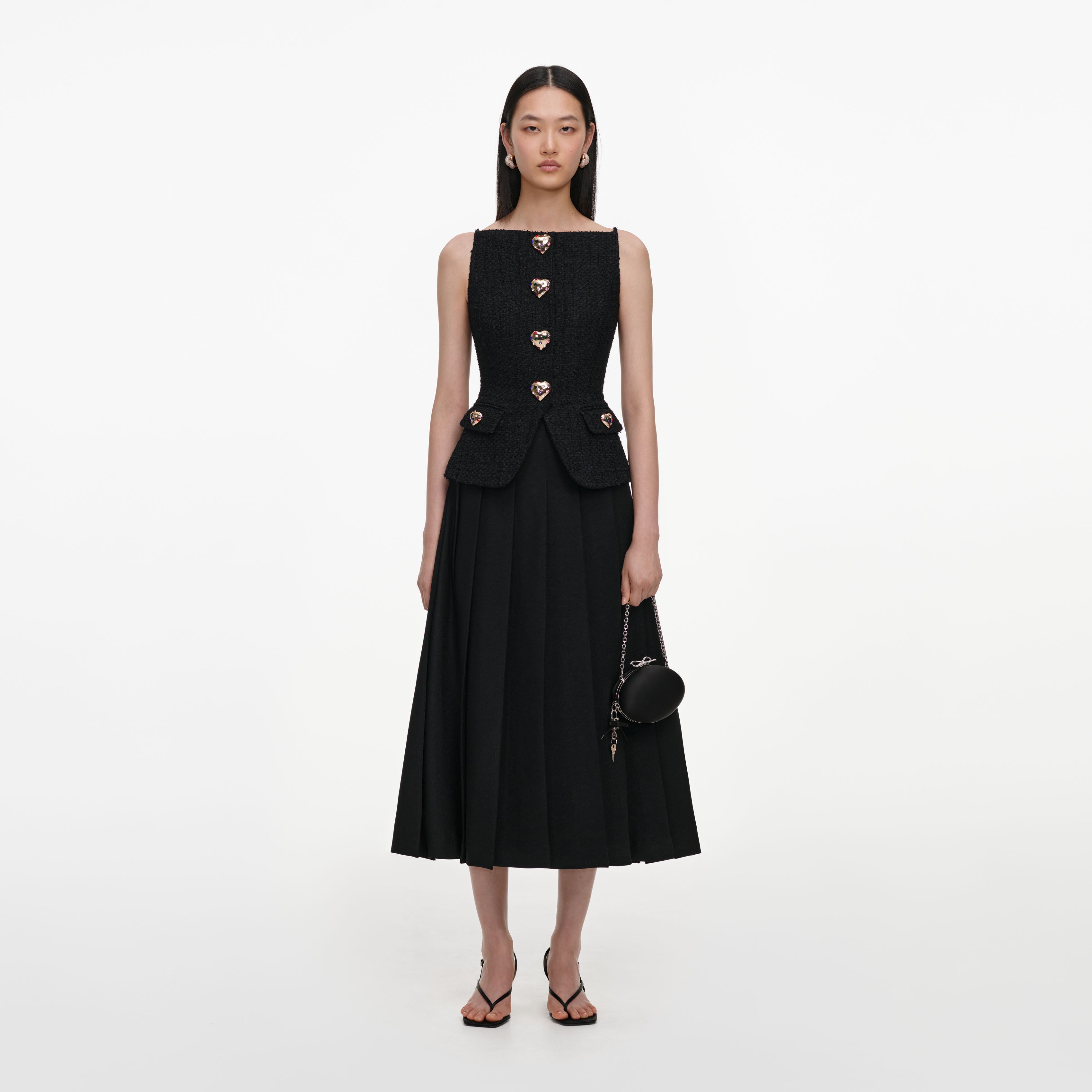 Black Boucle Crepe Midi Dress