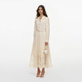 Yellow Viscose Lace Pleated Midi Dress