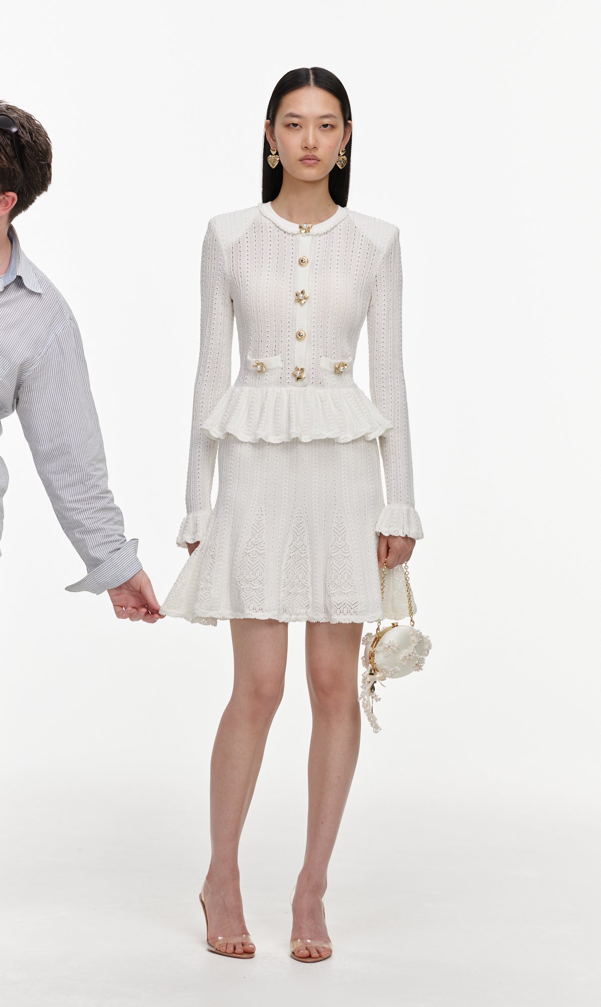 White Pointelle Peplum Knit Mini Dress