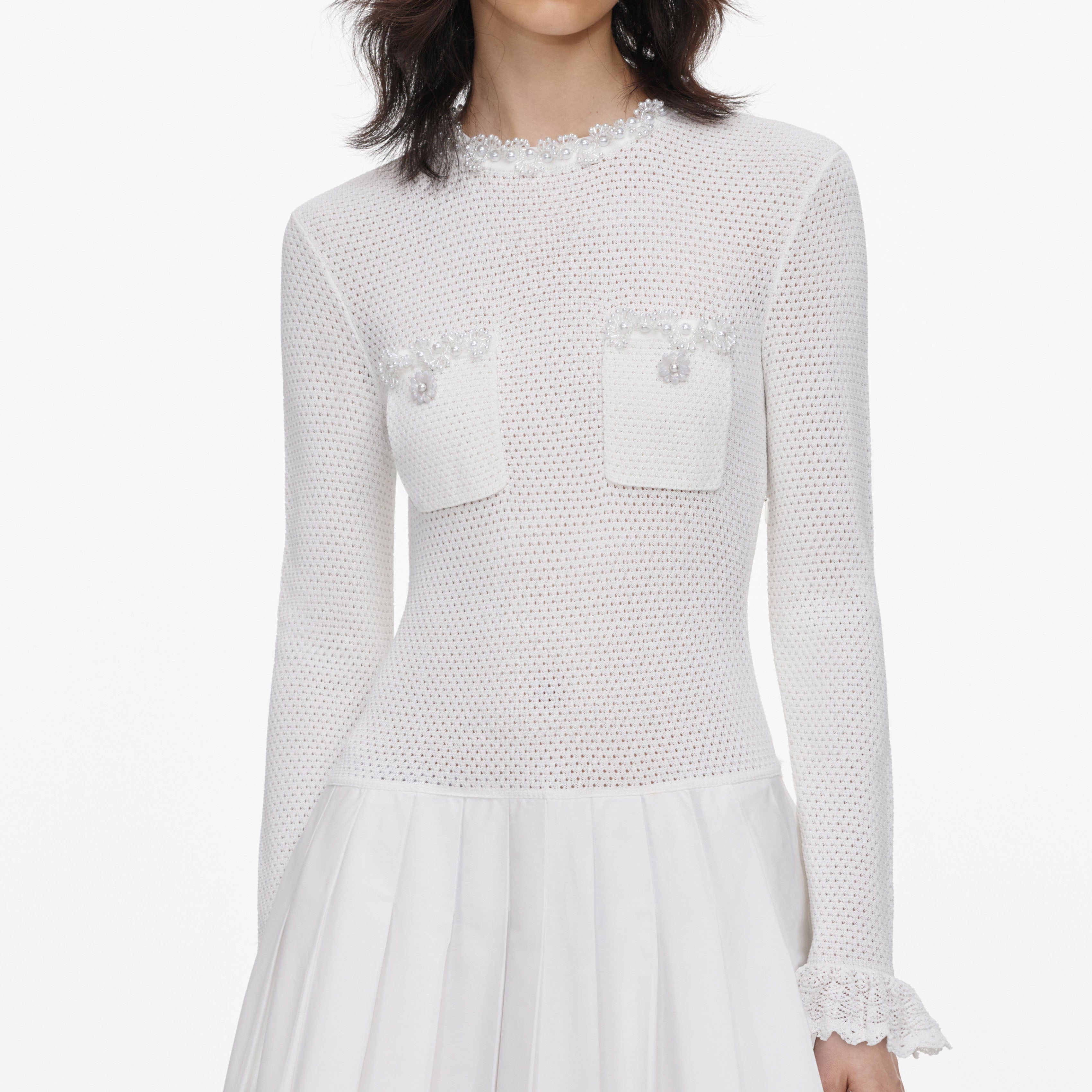 White Knit Pleated Twill Mini Dress