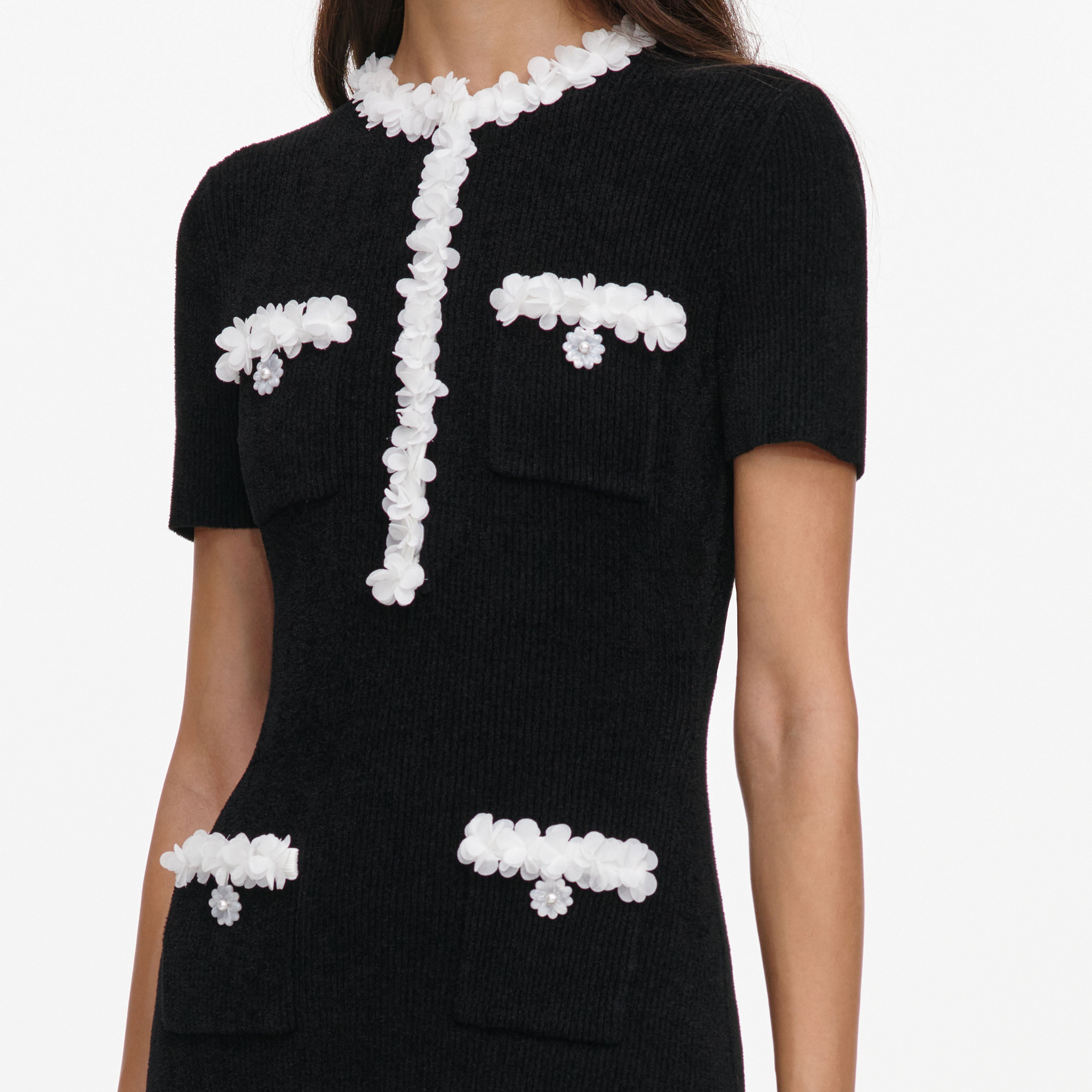 Black Chenille Knit Flower Trim Midi Dress