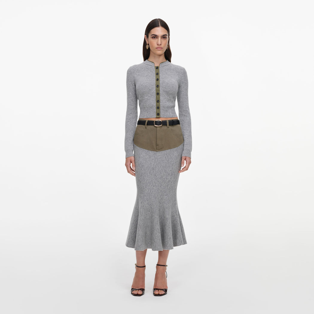 Grey Knit Khaki Denim Insert Midi Skirt