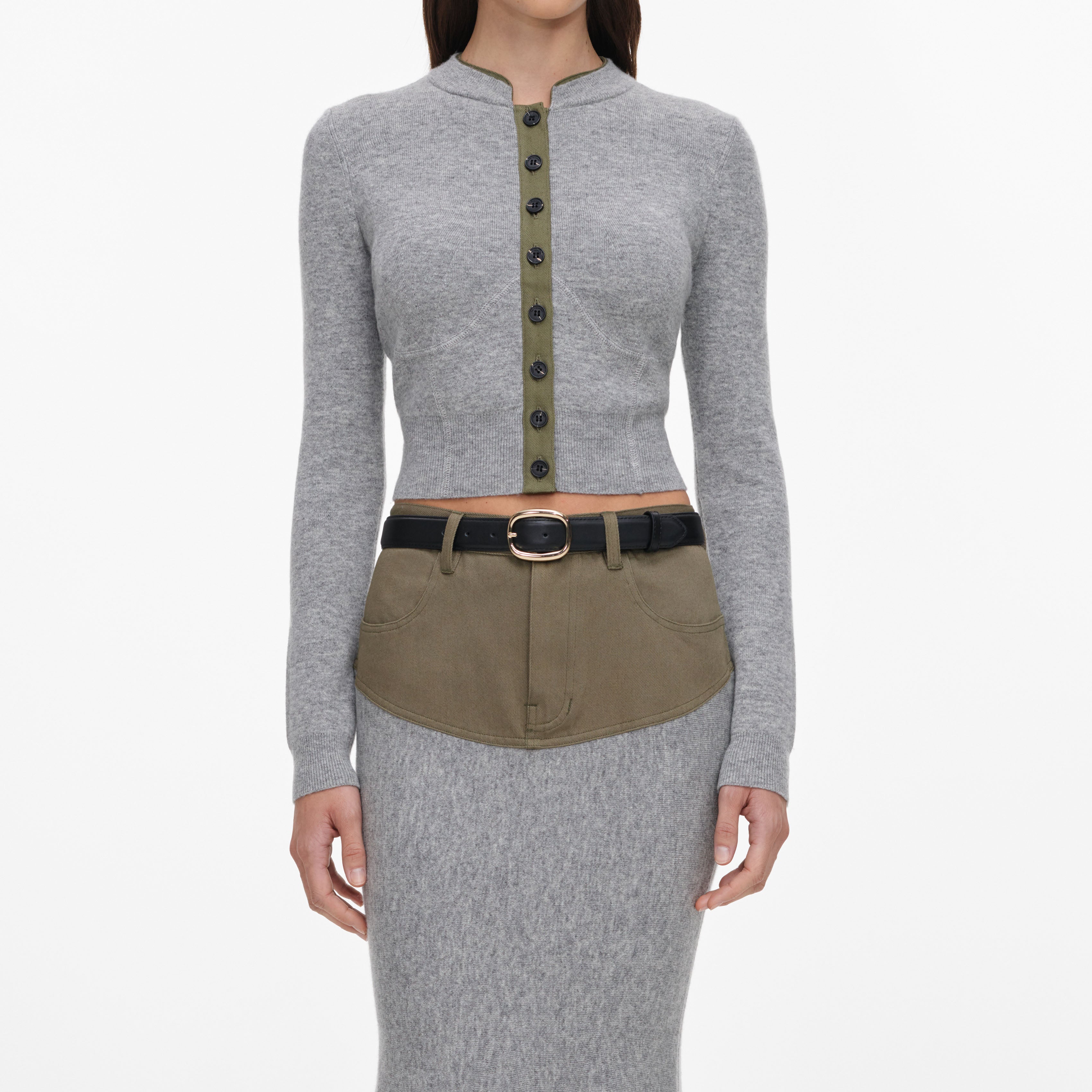 Grey Knit Khaki Denim Insert Midi Skirt