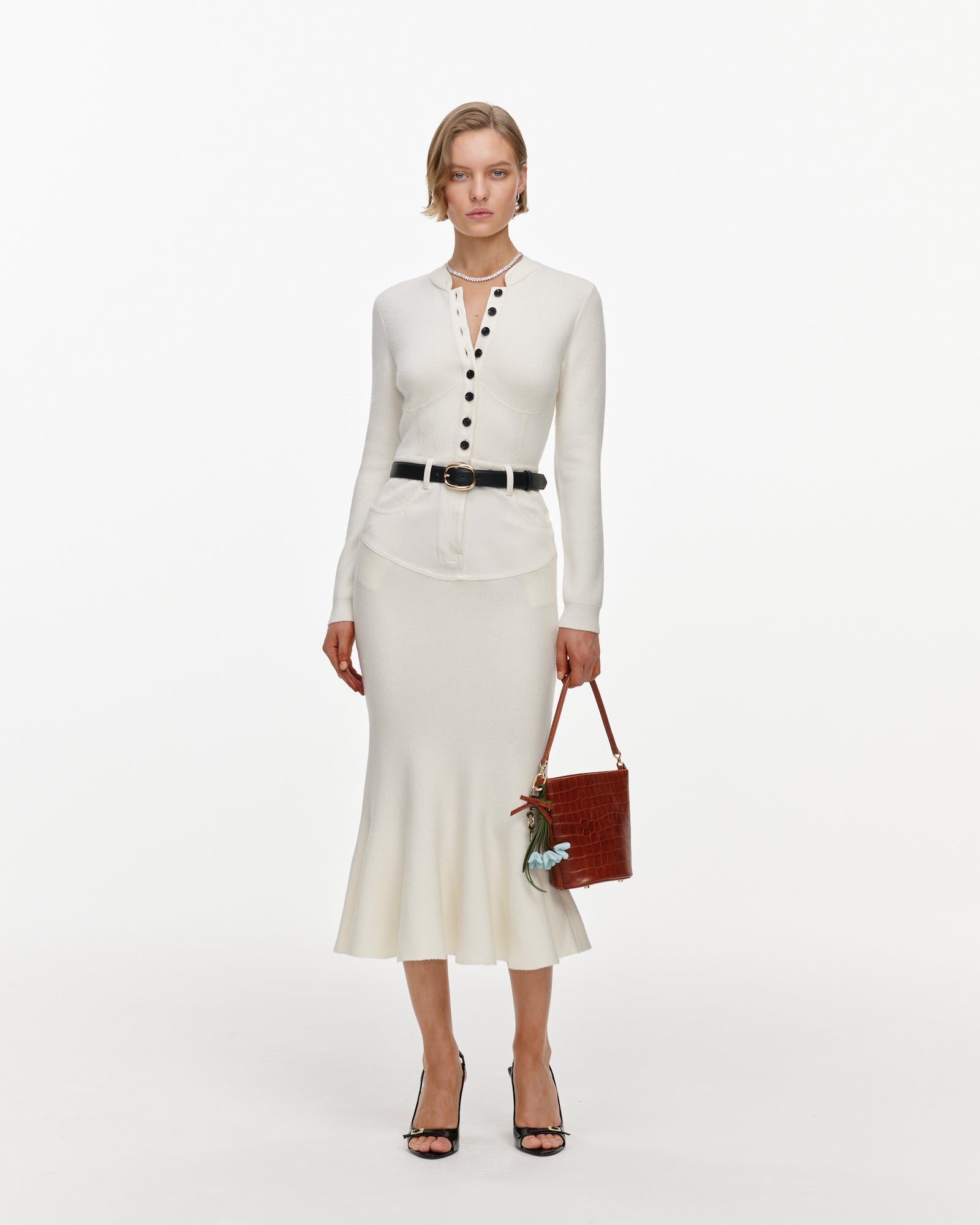 Cream Knit Denim Insert Midi Dress