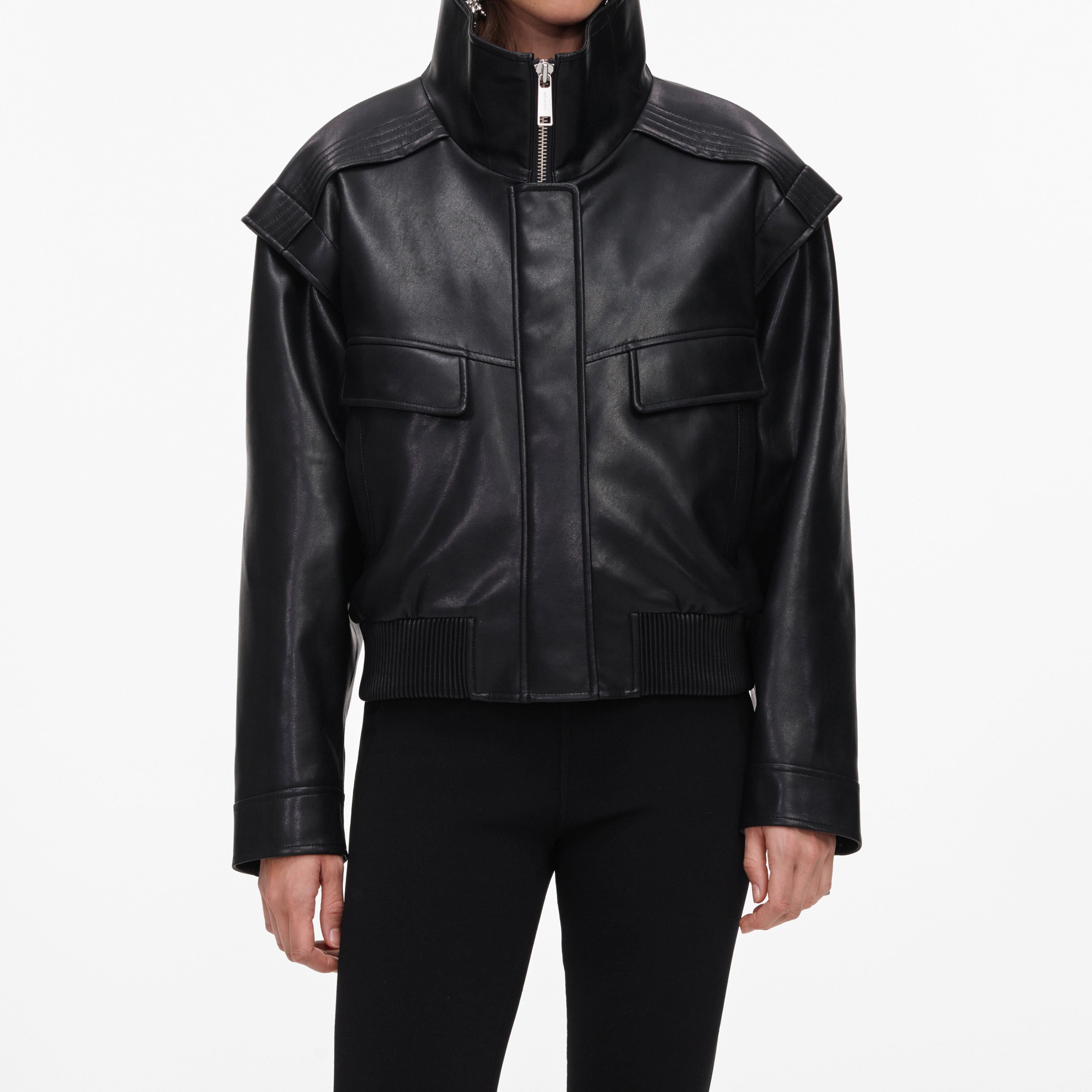 Black Faux Leather Bomber Jacket