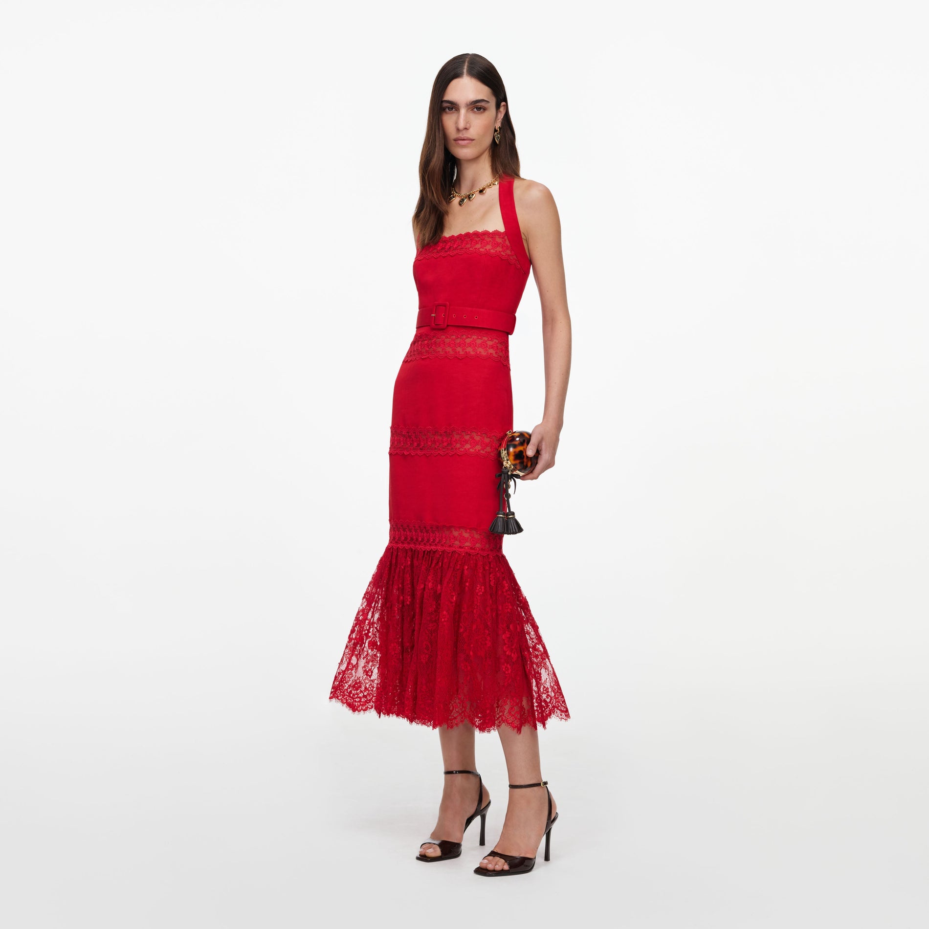 Red Linen Blend Lace Midi Dress