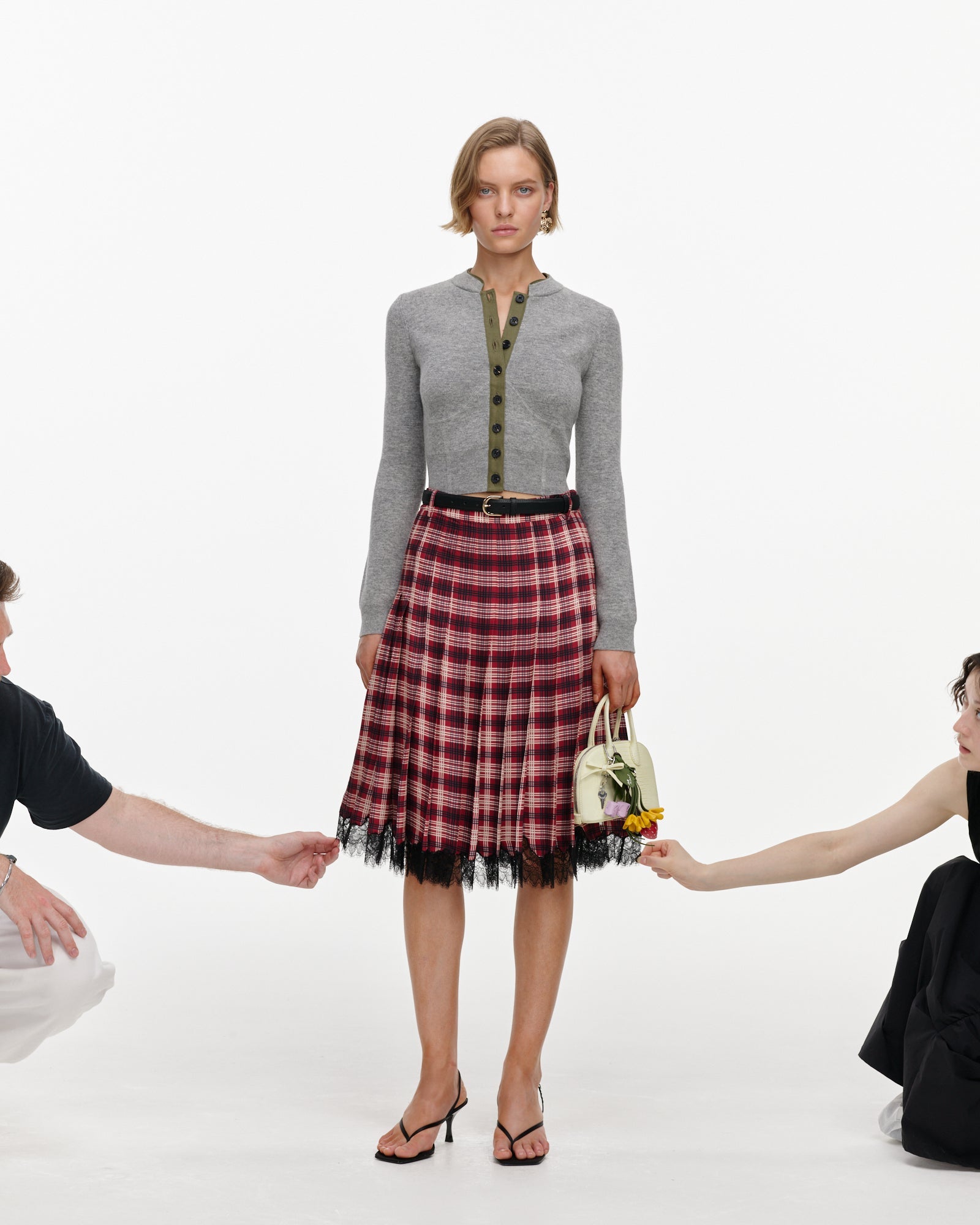Burgundy Check Chiffon Midi Skirt