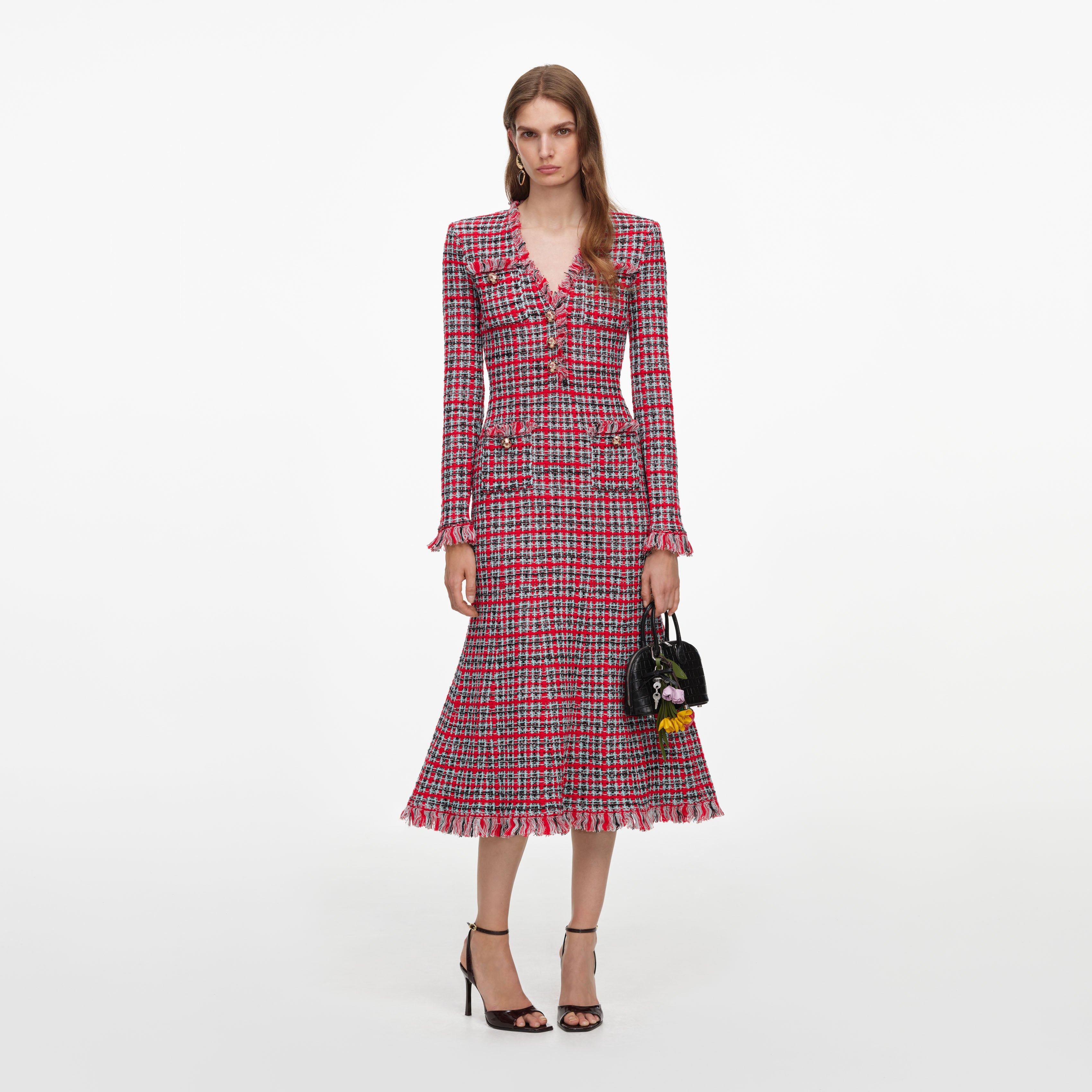 Red Check Frayed Knit Midi Dress