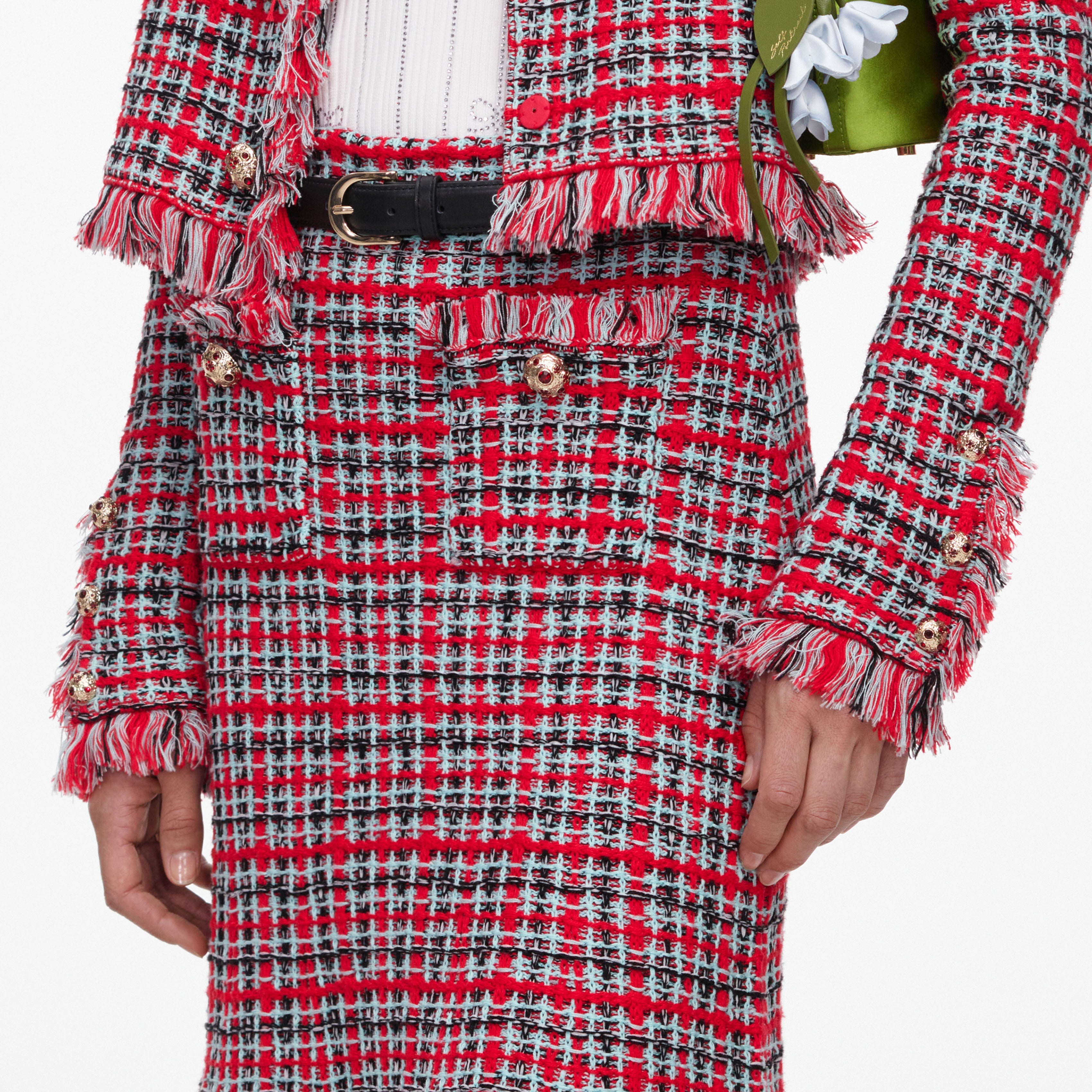Red Check Frayed Knit Midi Skirt