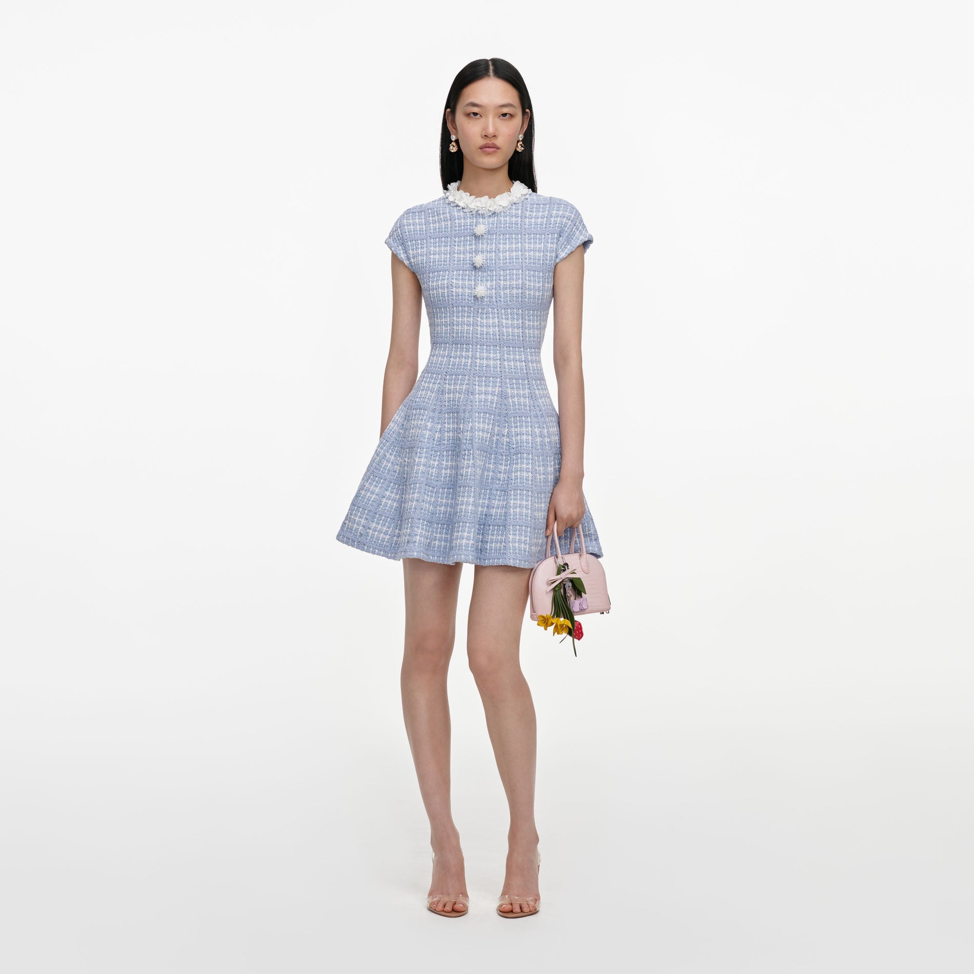 Blue Check Knit Beaded Mini Dress