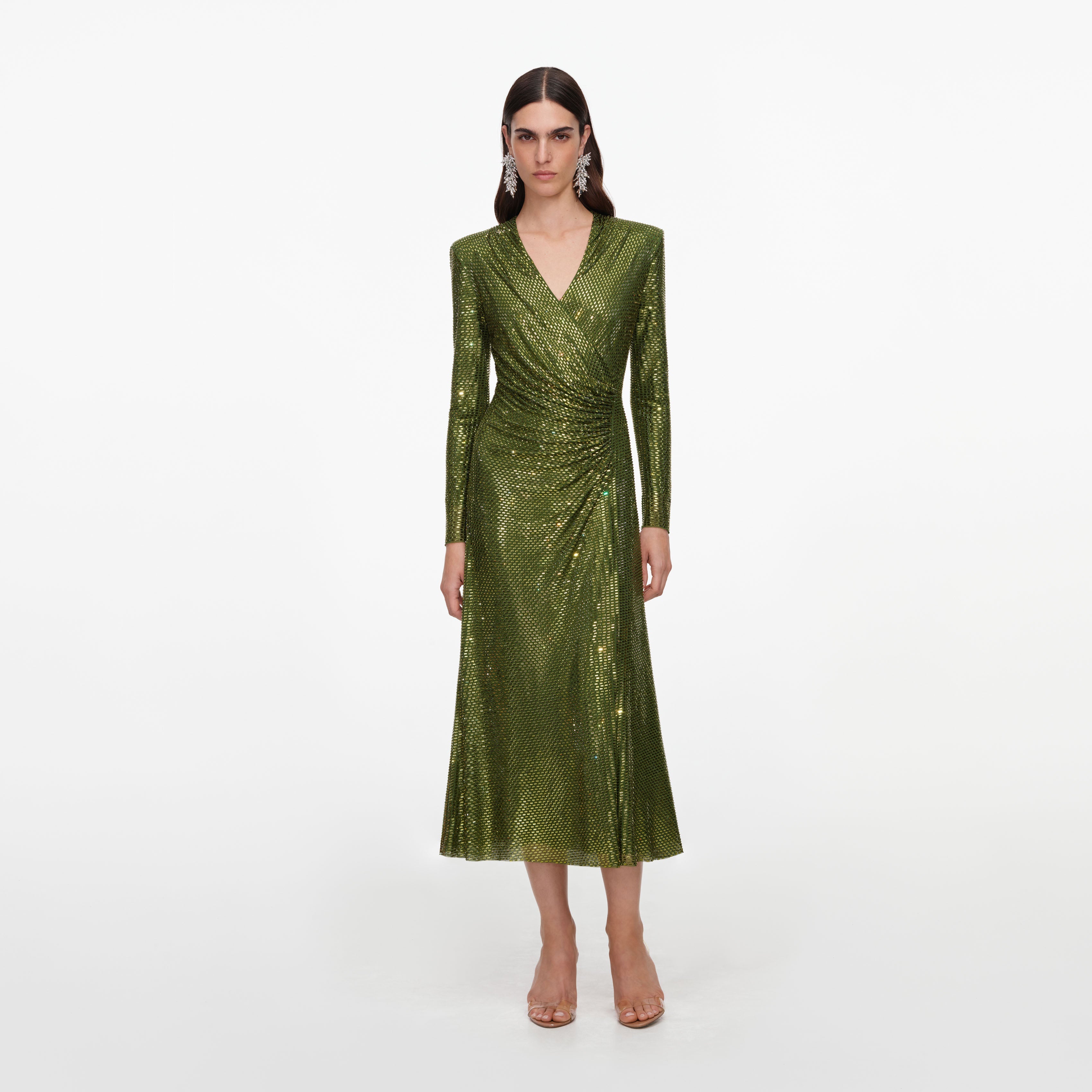 Olive Rhinestone Mesh Wrap Midi Dress