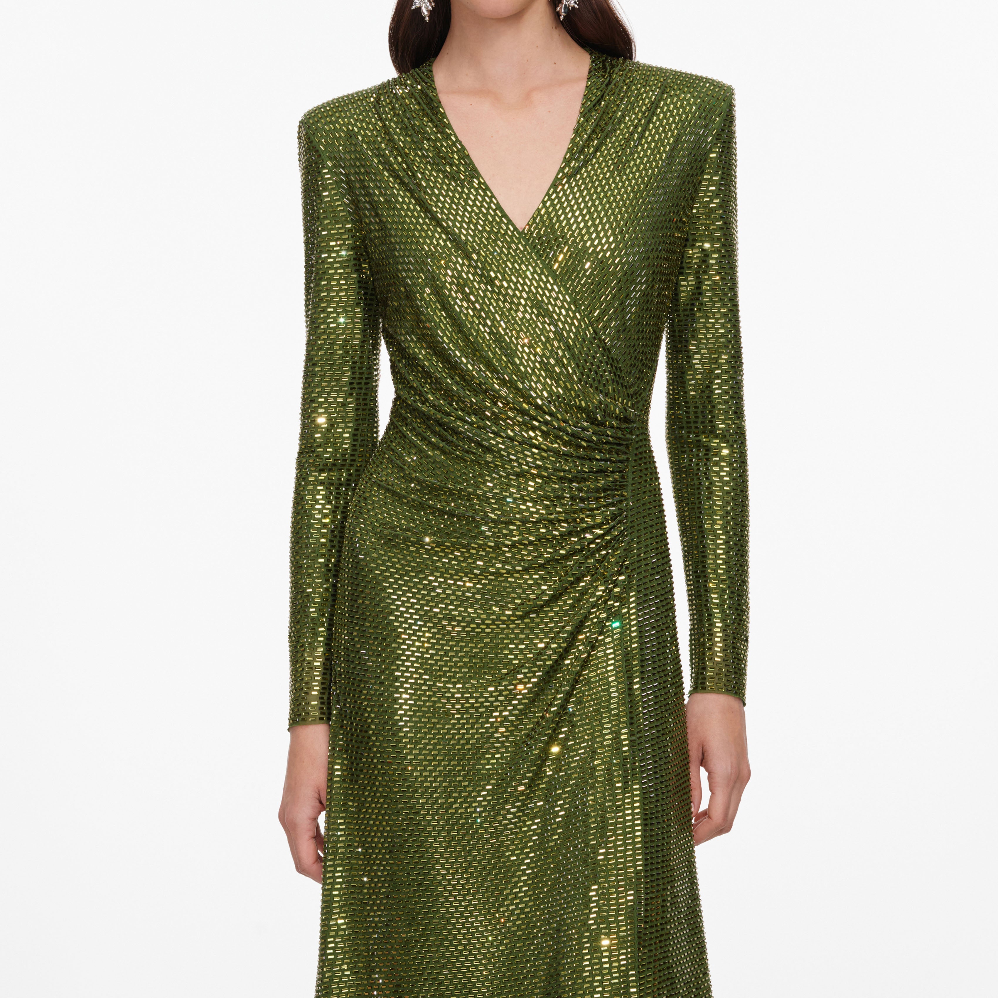 Olive Rhinestone Mesh Wrap Midi Dress
