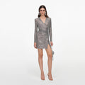Grey Rhinestone Mesh Wrap Mini Dress