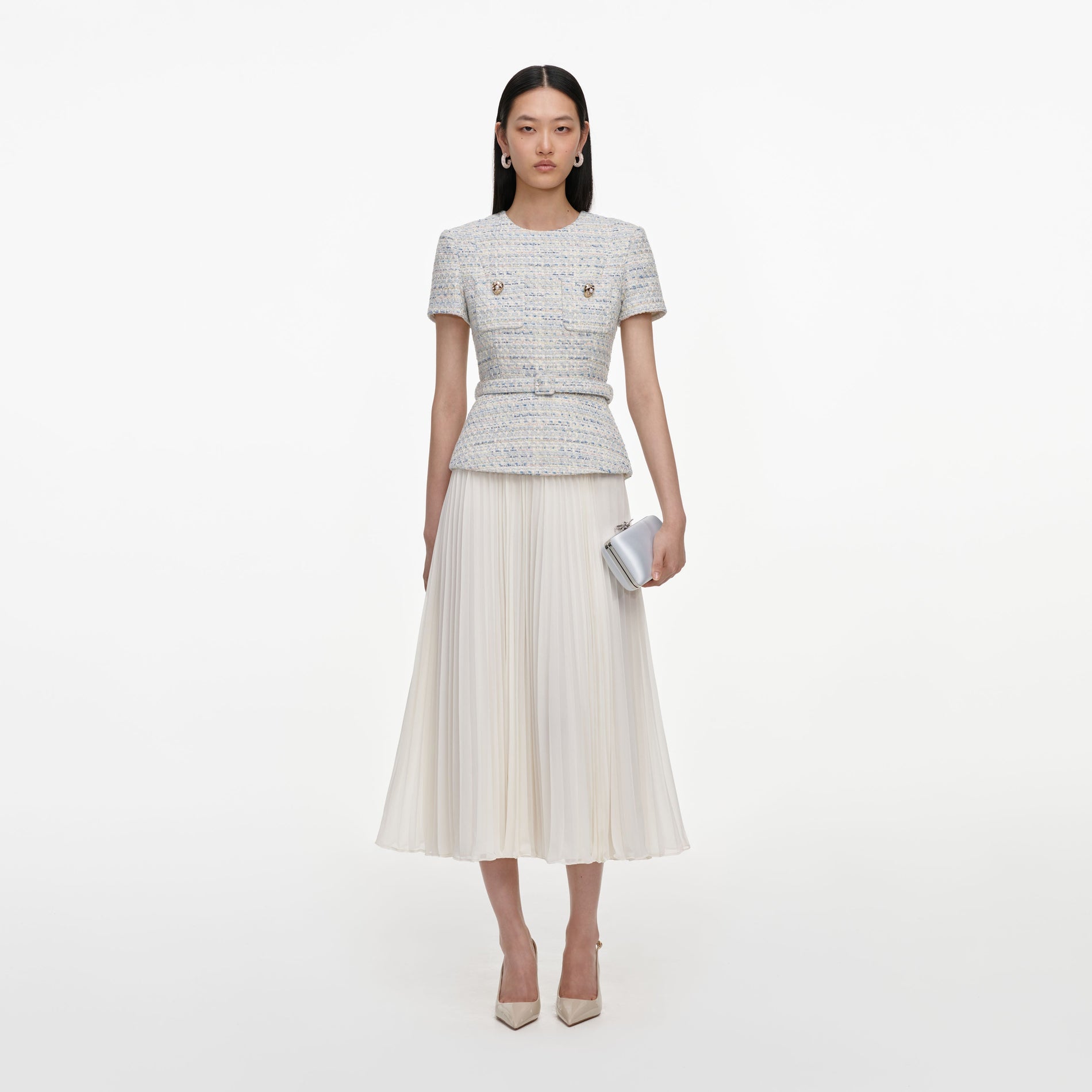 Blue Boucle Chiffon Midi Dress