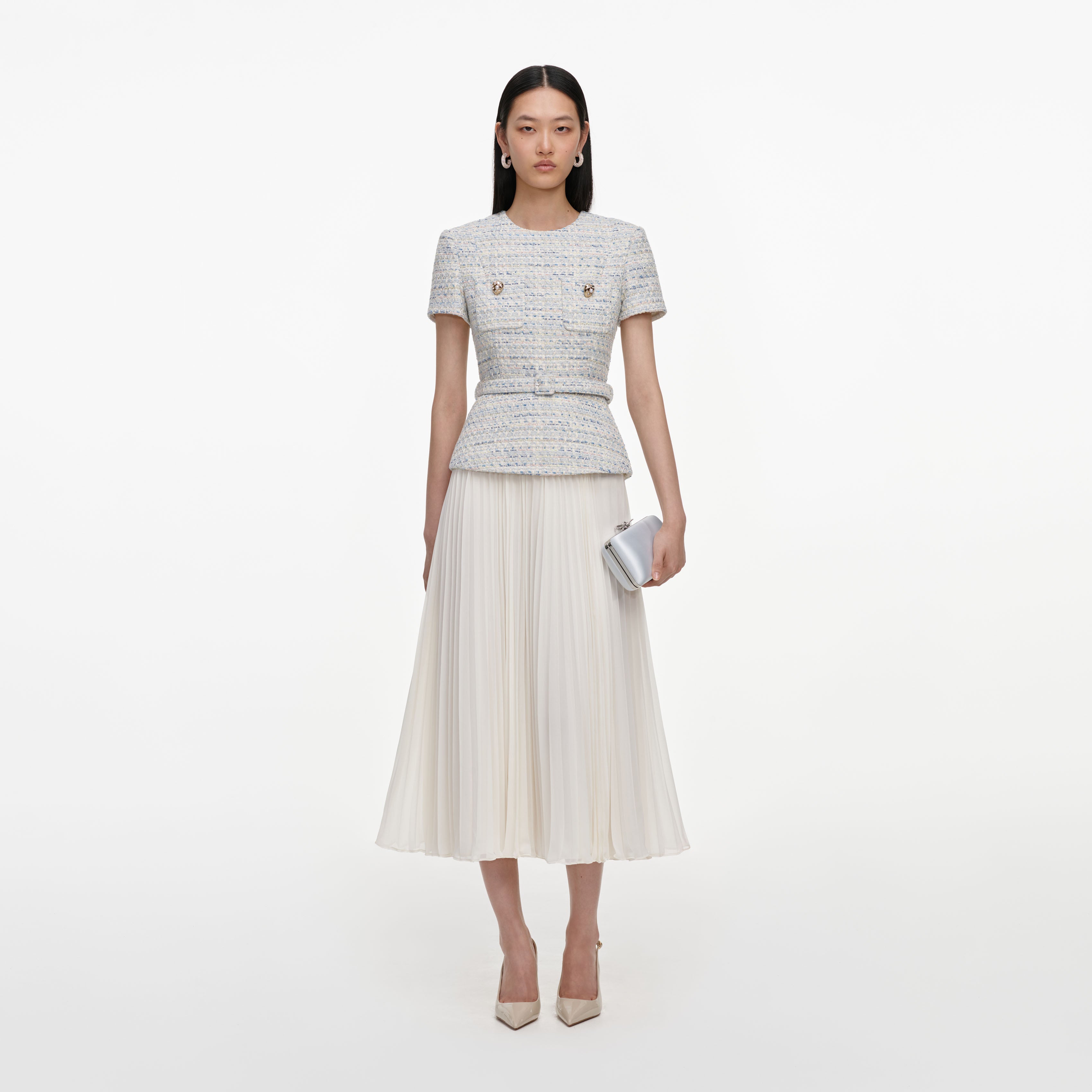 Blue Boucle Chiffon Midi Dress