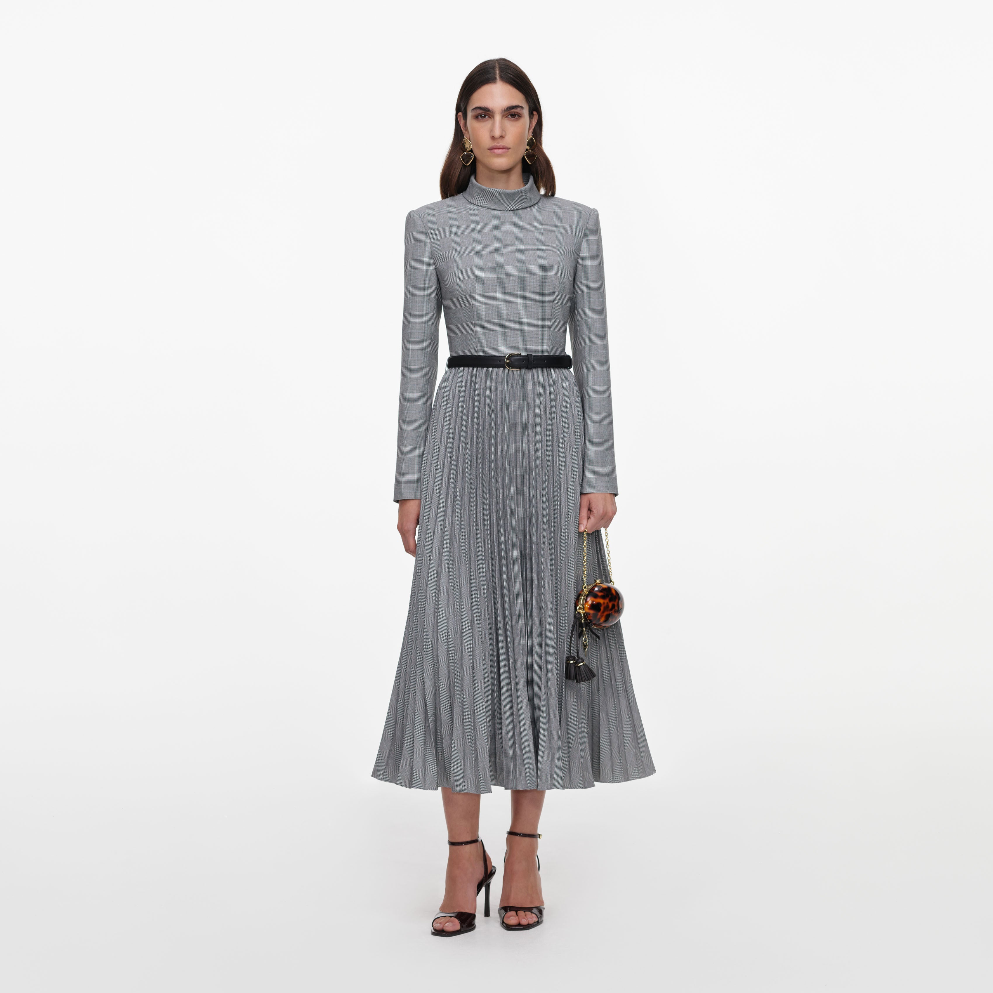 Grey Check Pleated Midi Dress
