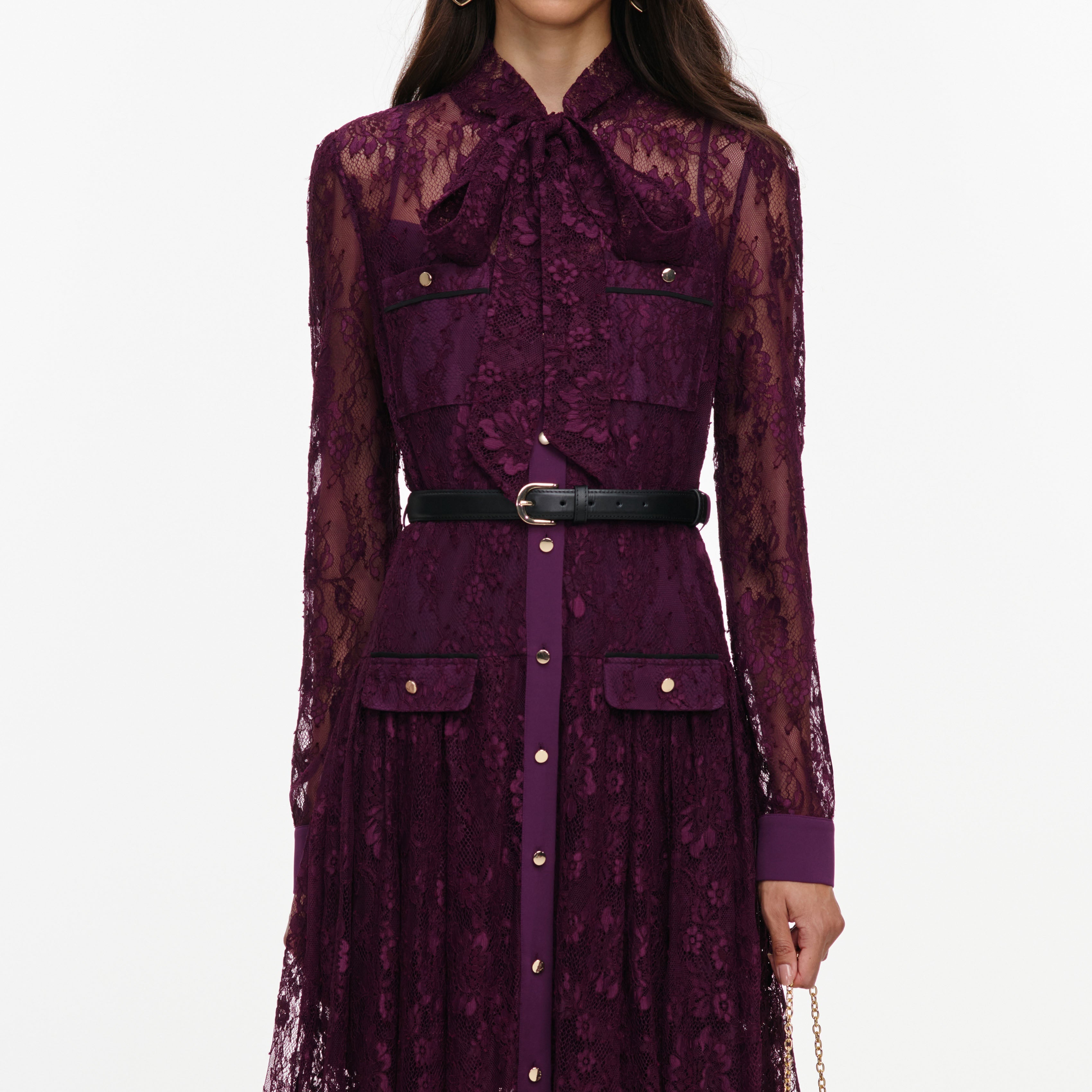 Purple Lace Tie Neck Midi Dress