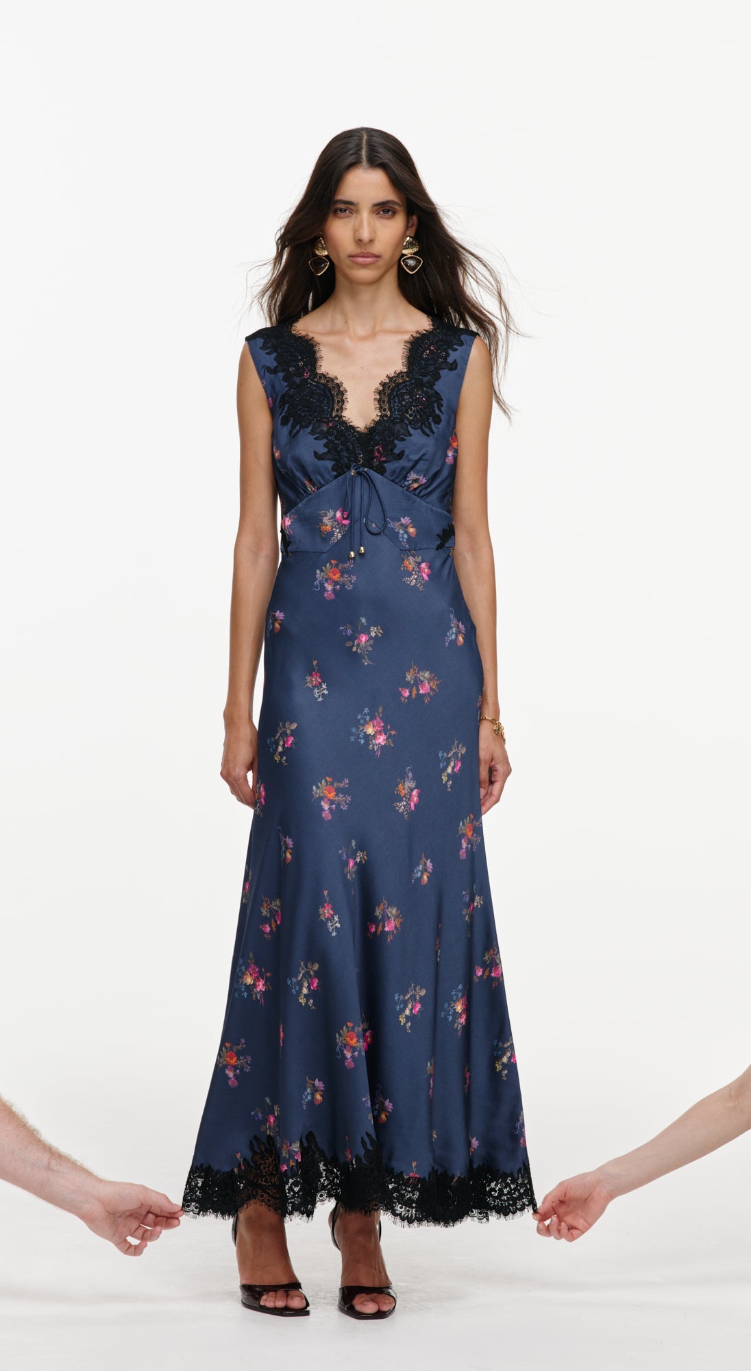 Navy Satin Printed Lace Midi Dress