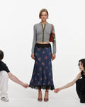 Navy Satin Printed Lace Midi Skirt