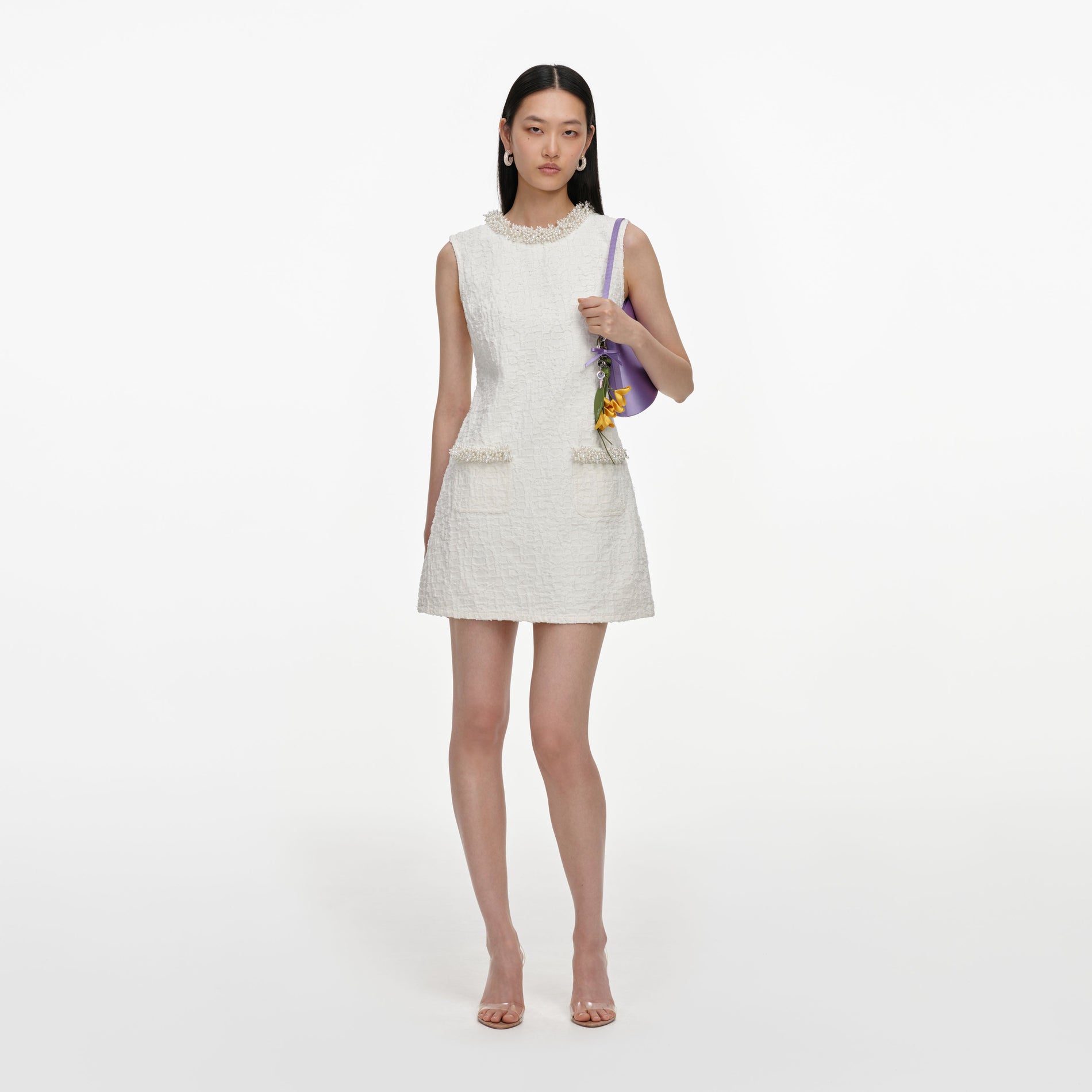 Cream Textured Denim Mini Dress