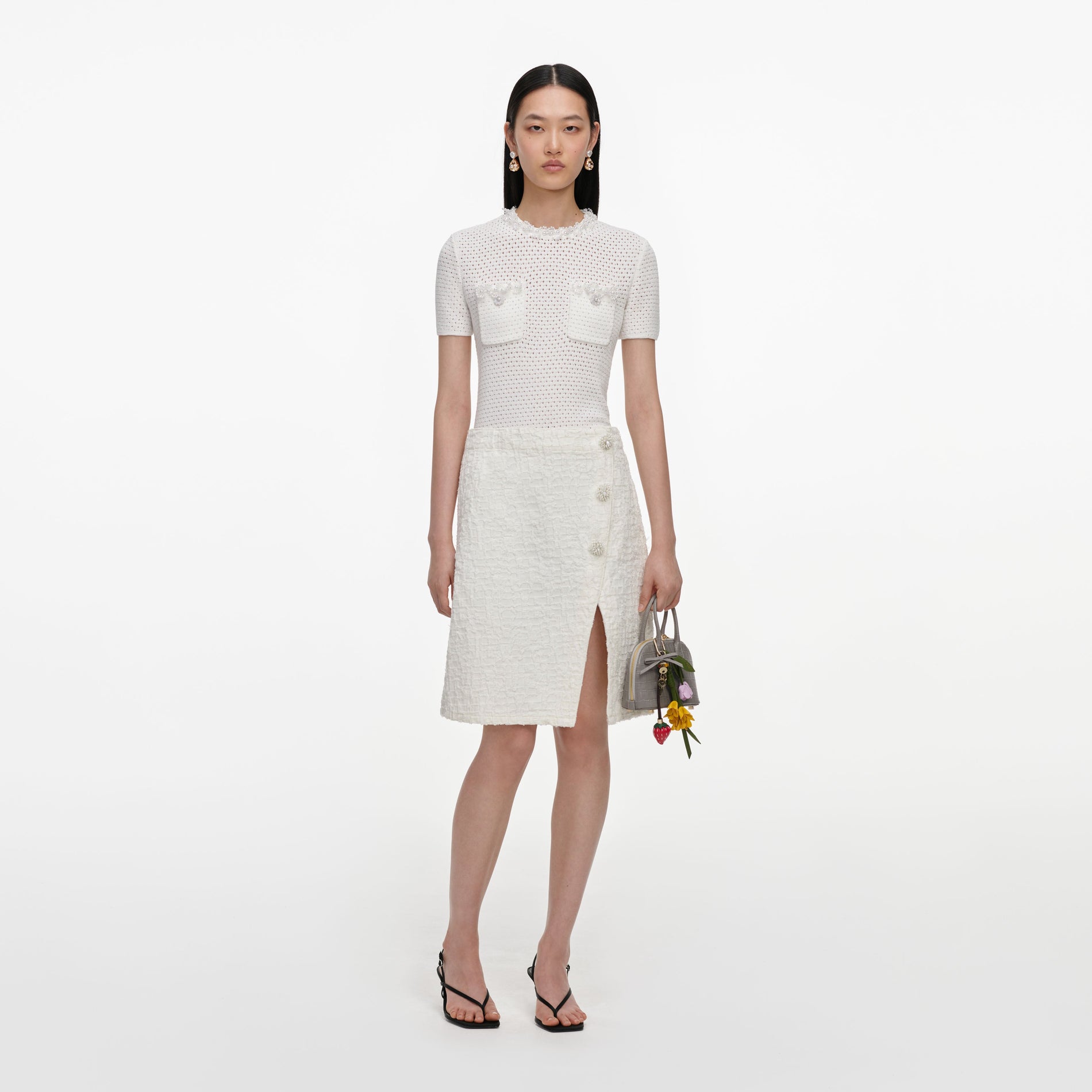 Cream Textured Denim Midi Skirt