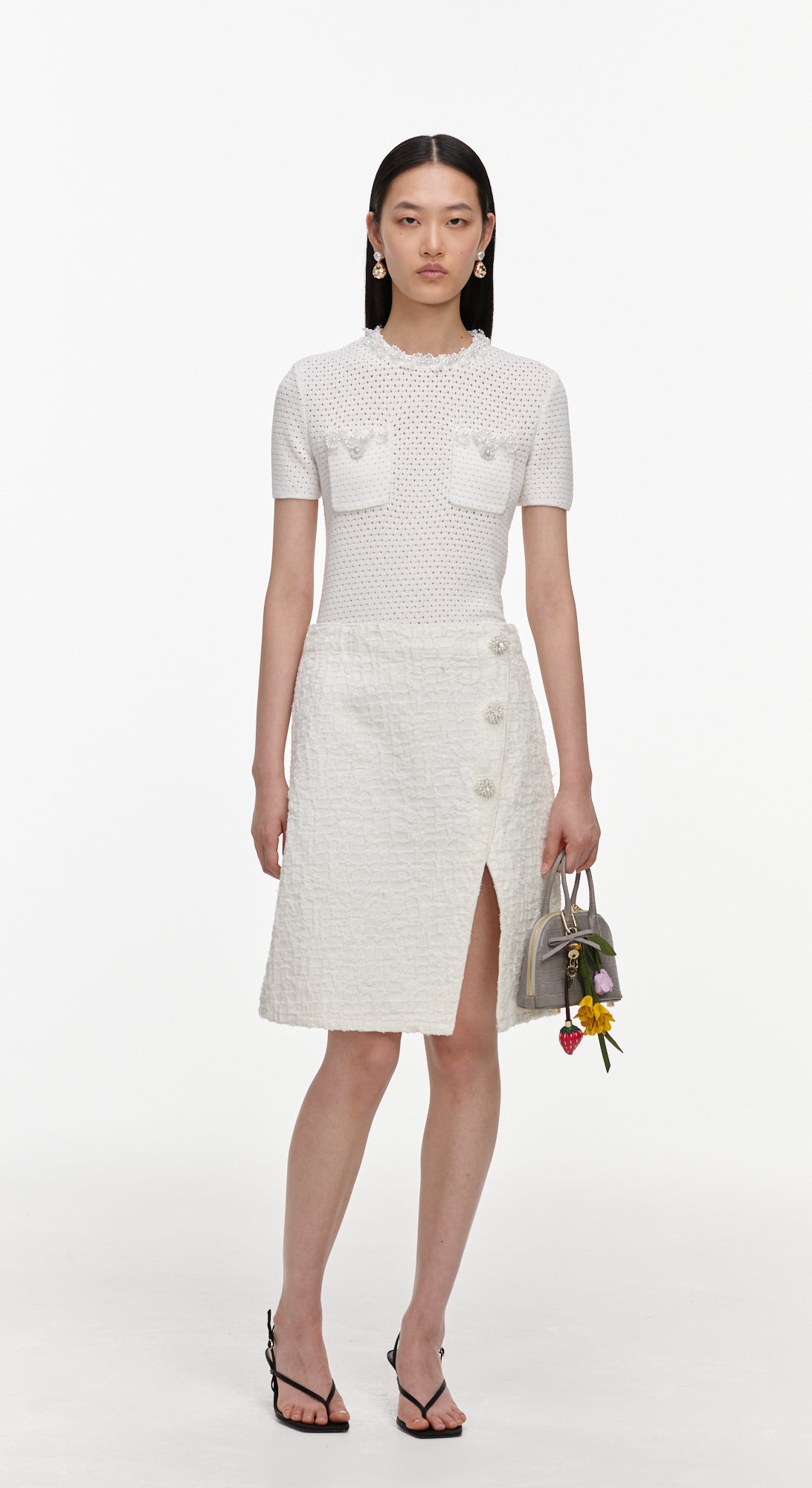 Cream Textured Denim Midi Skirt