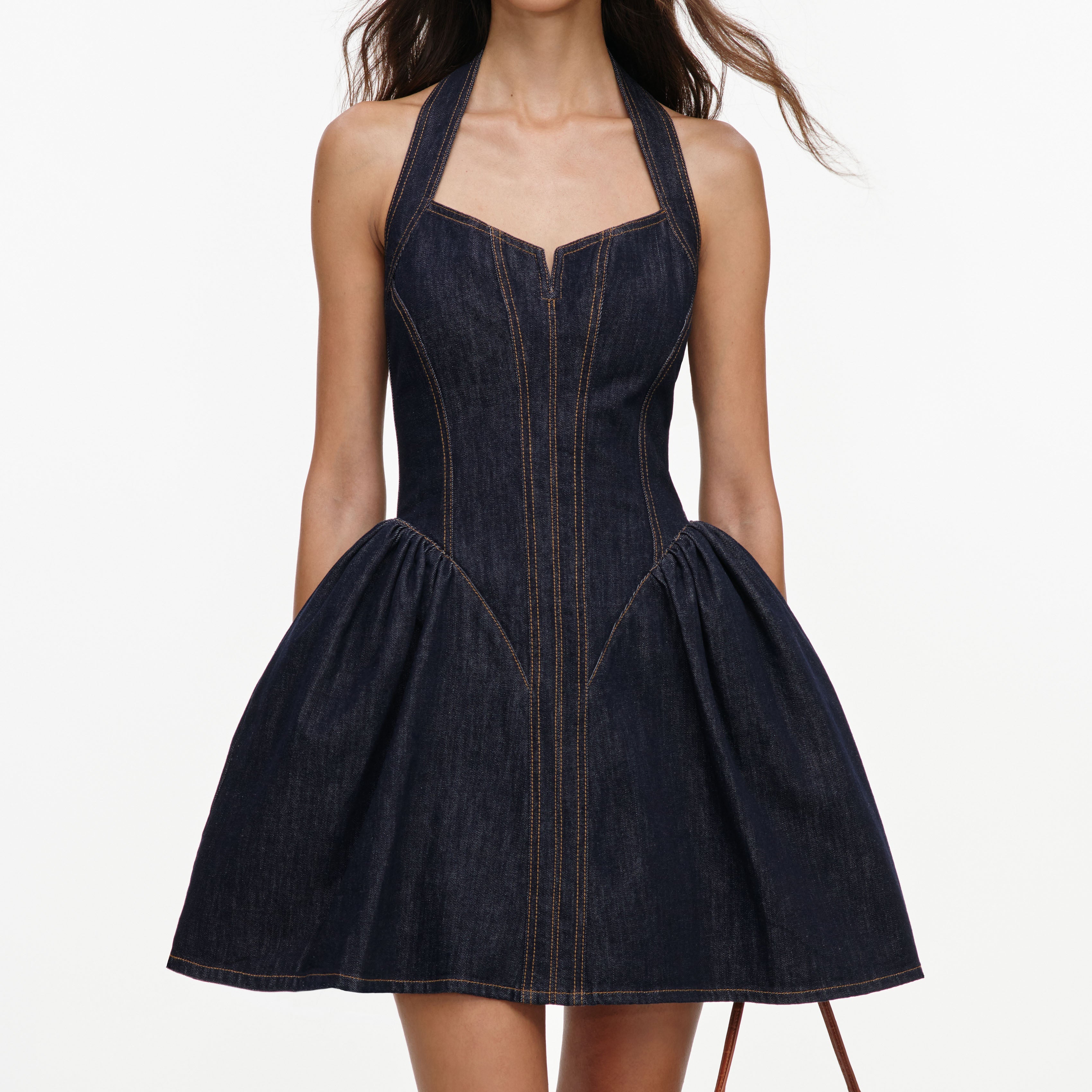 Indigo Denim Halterneck Flared Mini Dress