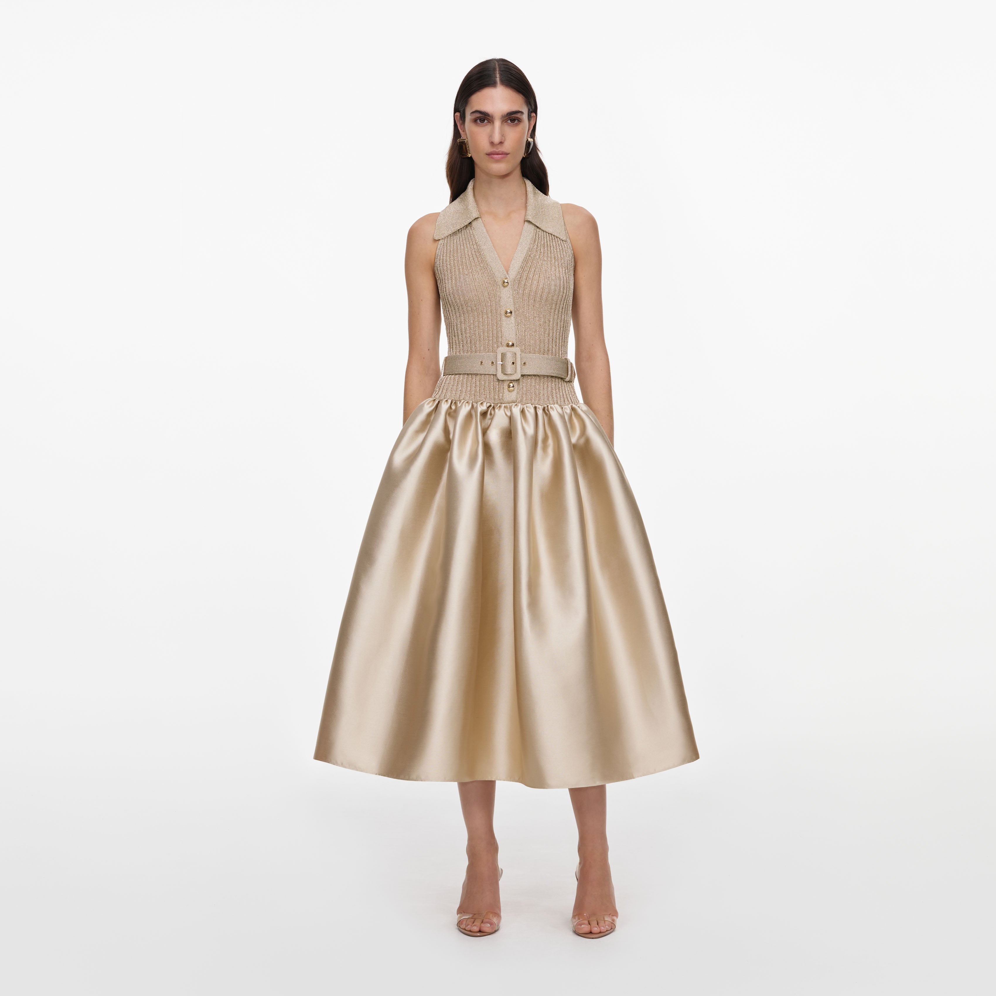 Gold Sleeveless Knit Taffeta Midi Dress