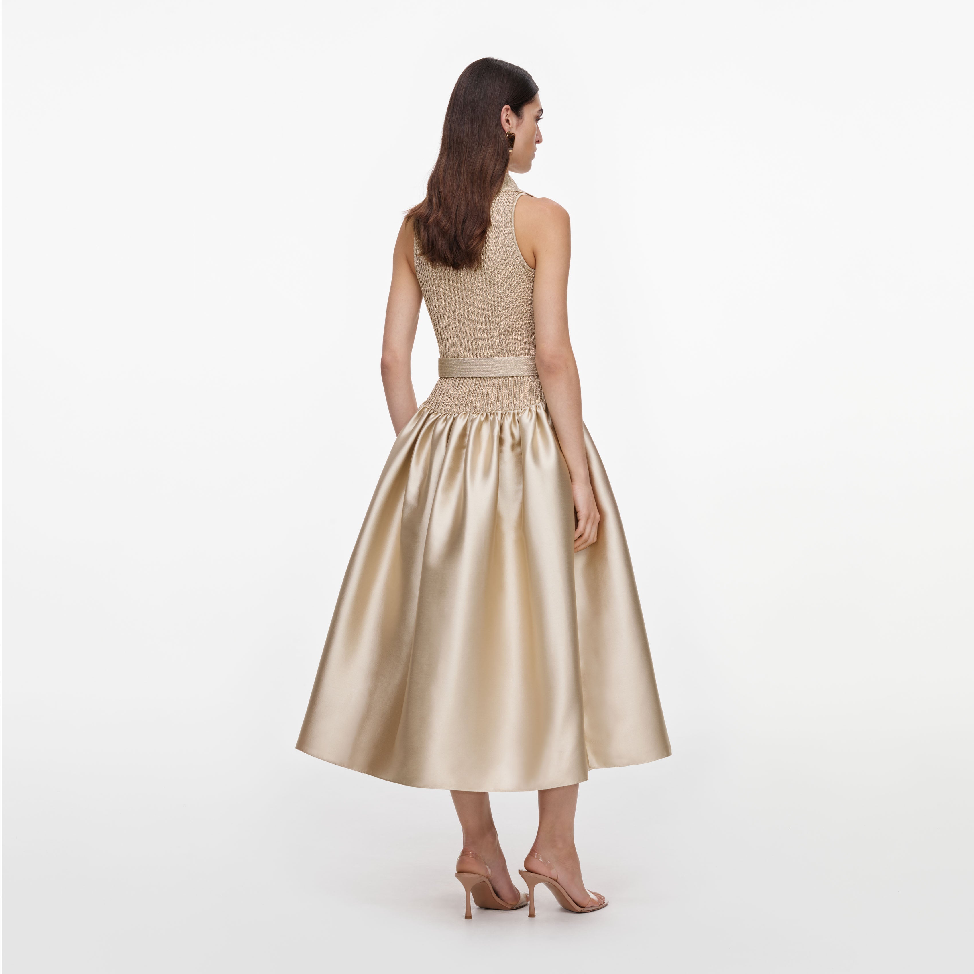 Gold Sleeveless Knit Taffeta Midi Dress
