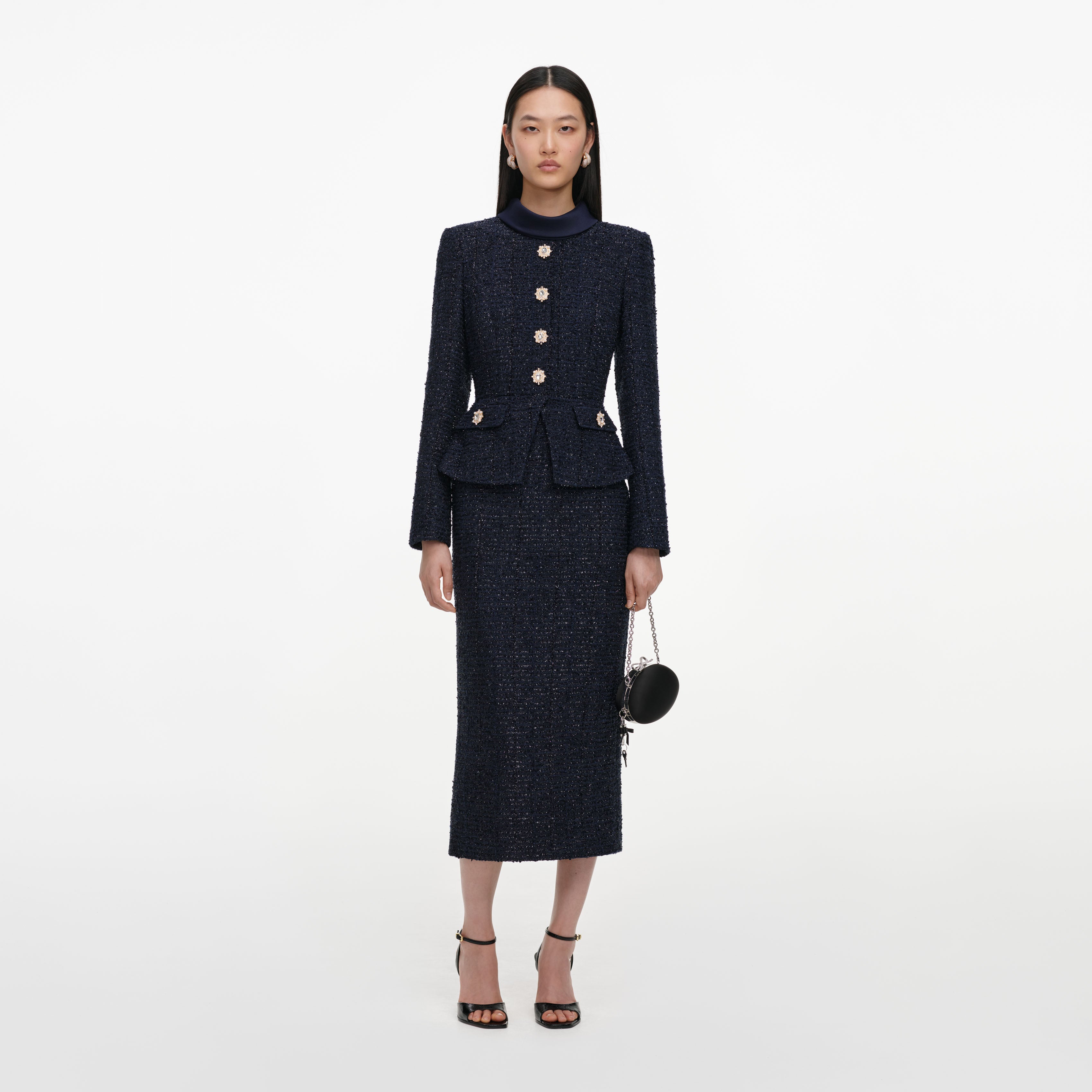 Navy Boucle Tailored Midi Dress