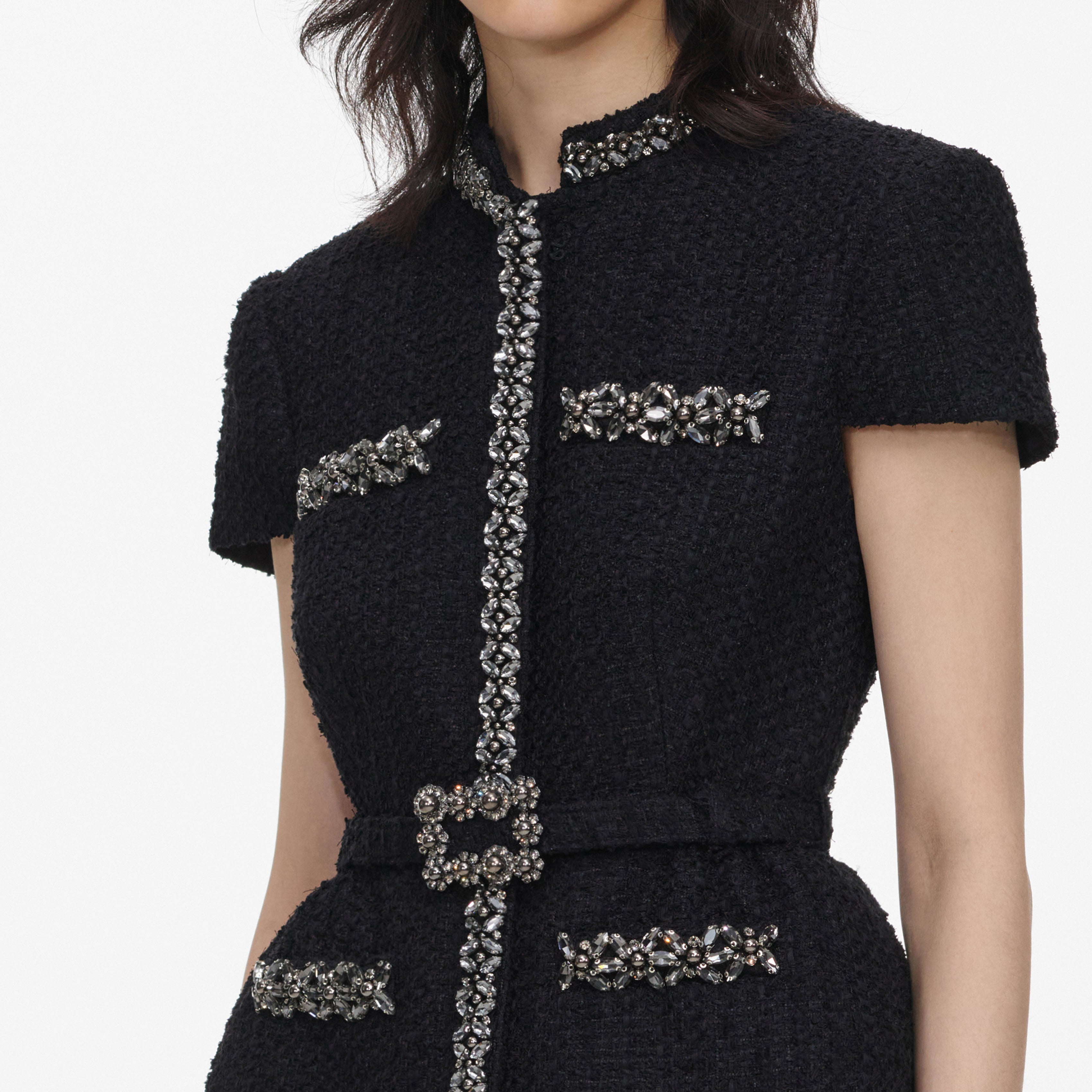 Black Boucle Crystal Trim Chiffon Midi Dress