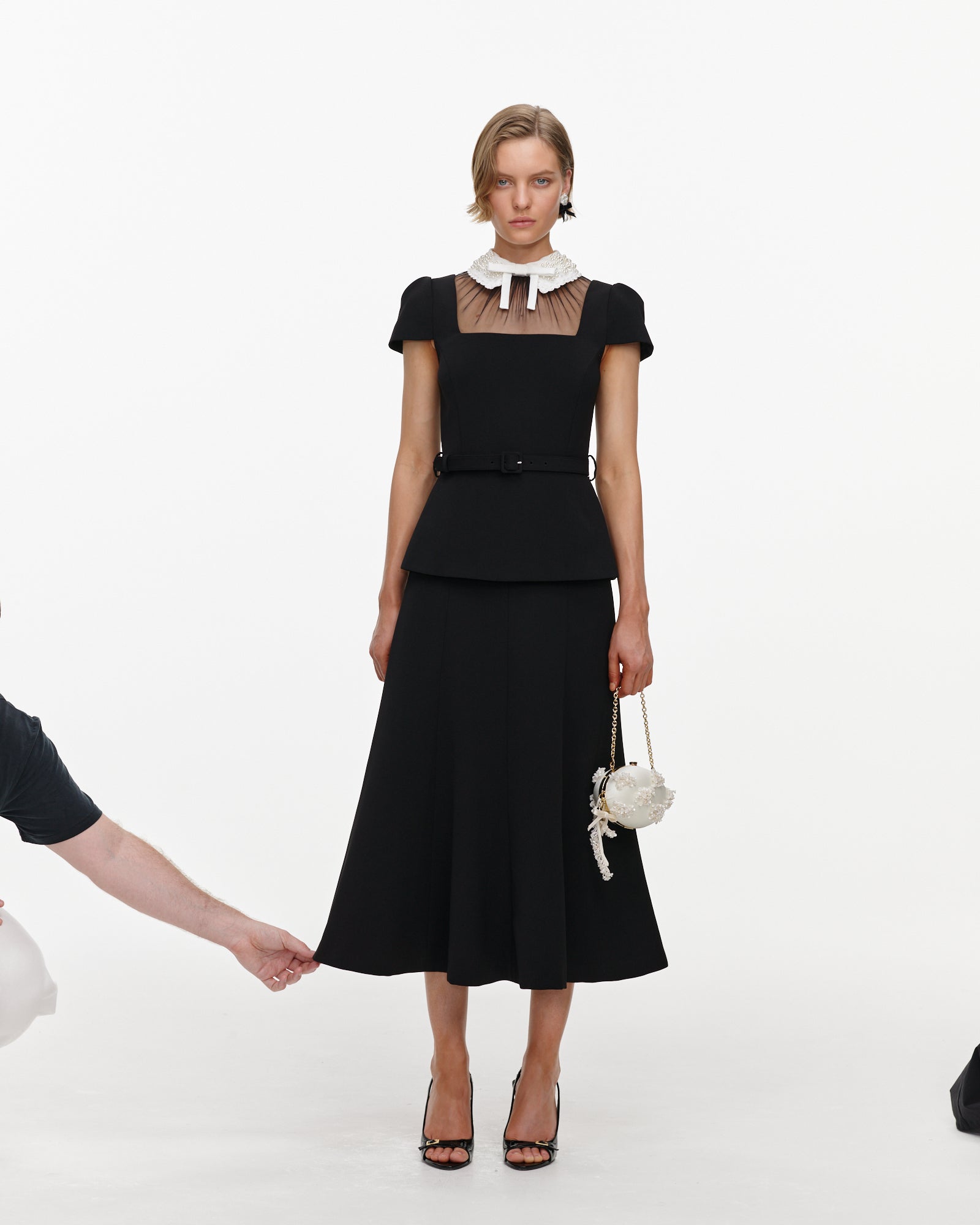 Black Crepe Bow Peplum Midi Dress