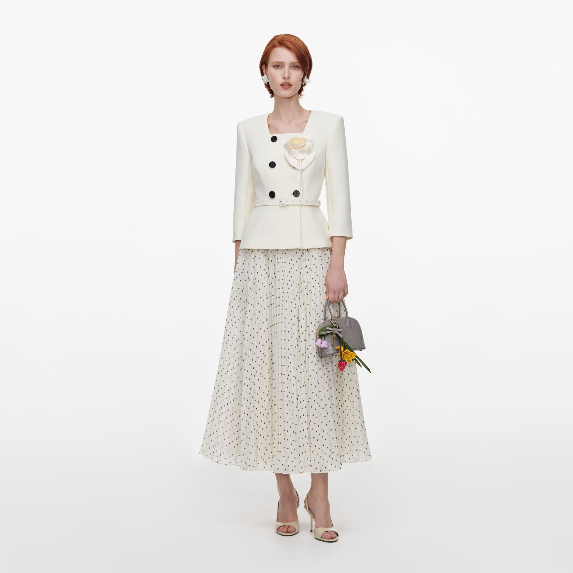 Cream 3D Flower Polka Dot Chiffon Midi Dress