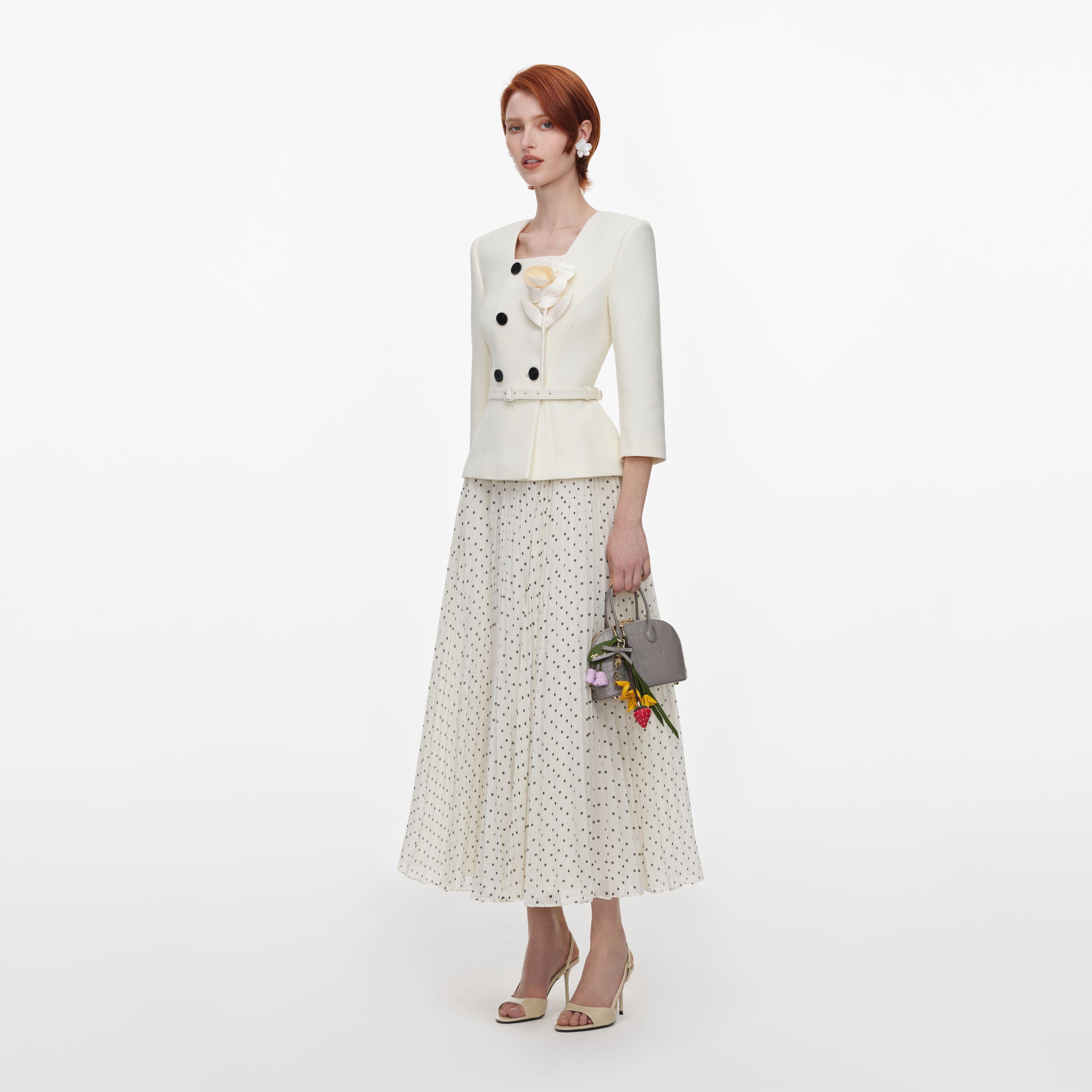 Cream 3D Flower Polka Dot Chiffon Midi Dress