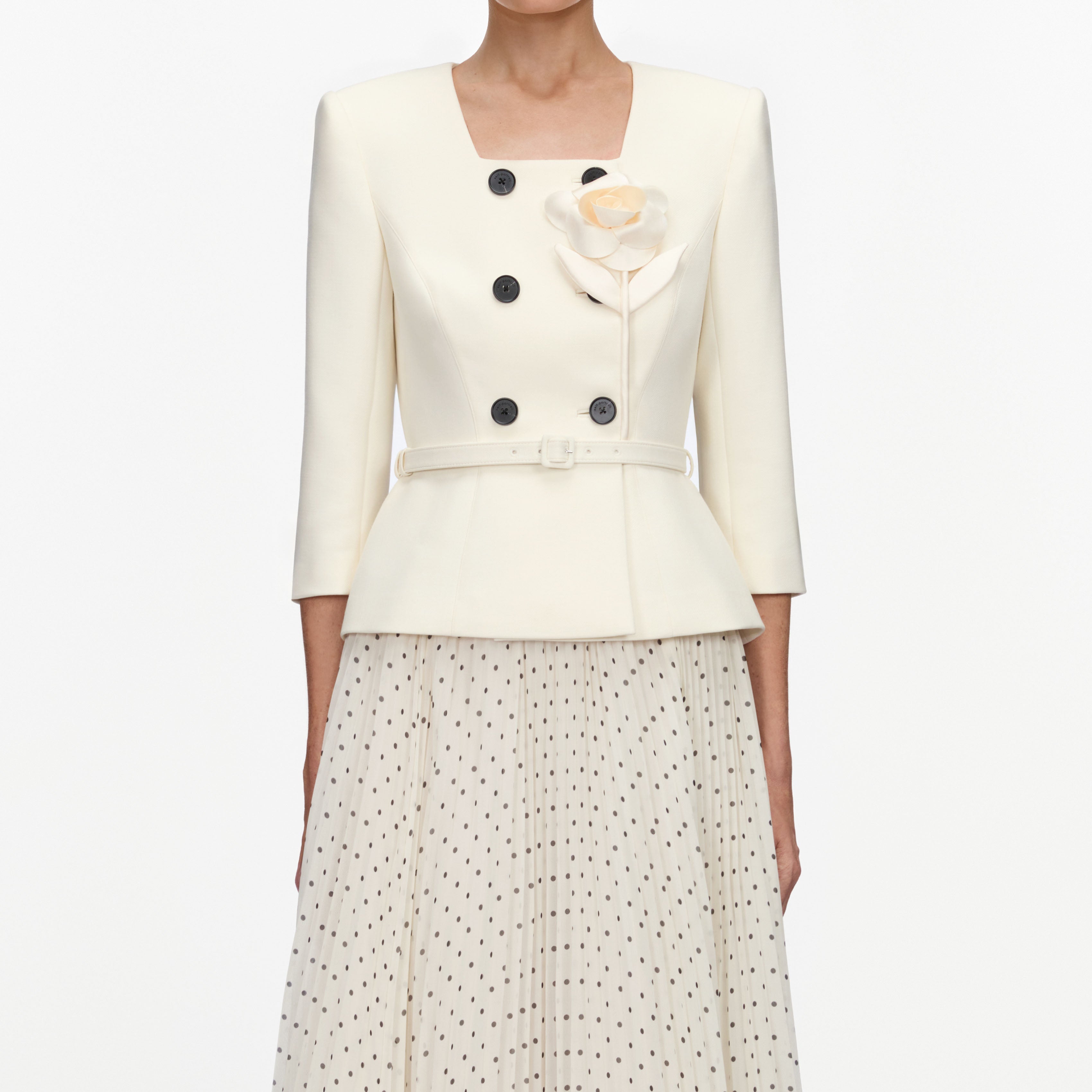Cream 3D Flower Polka Dot Chiffon Midi Dress