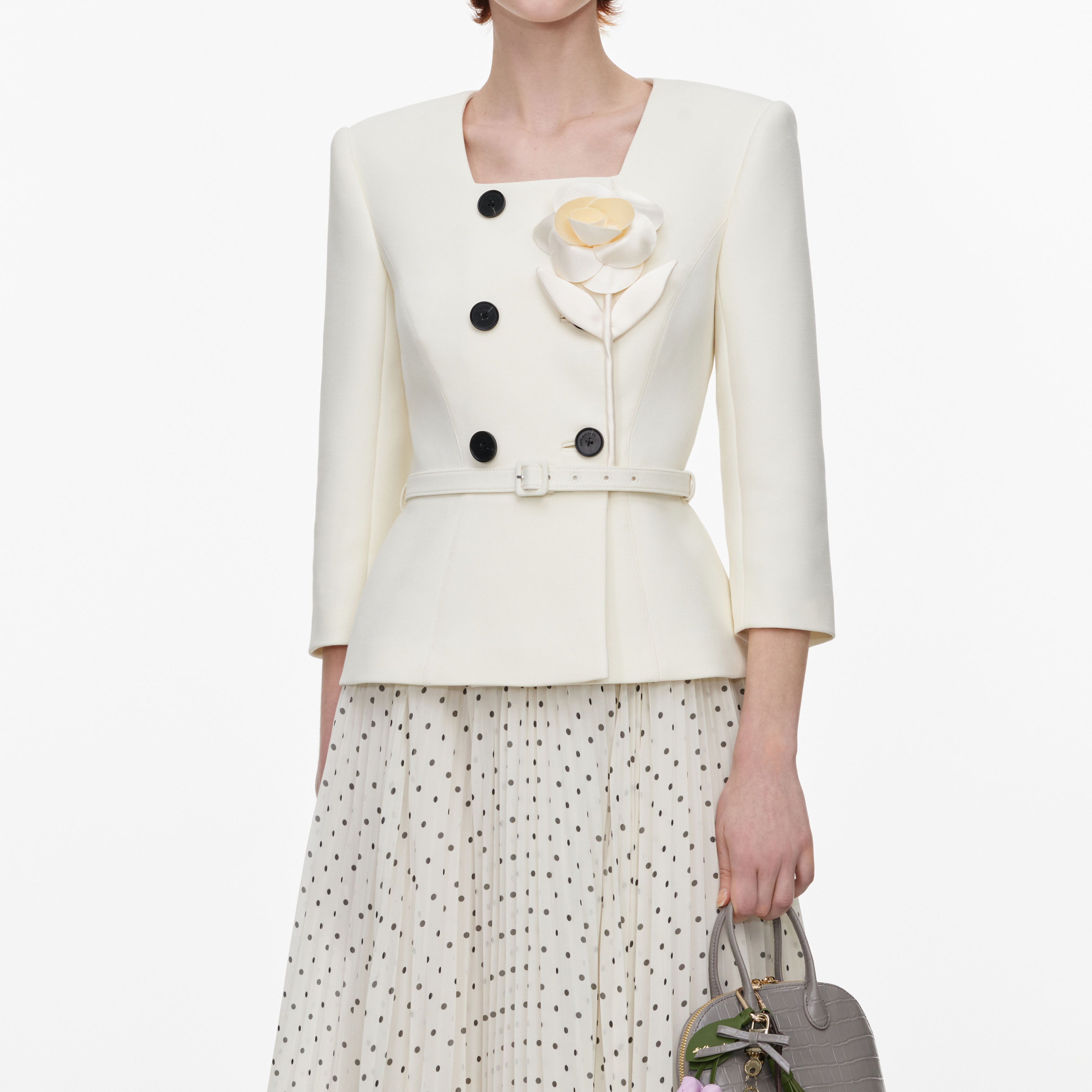 Cream 3D Flower Polka Dot Chiffon Midi Dress