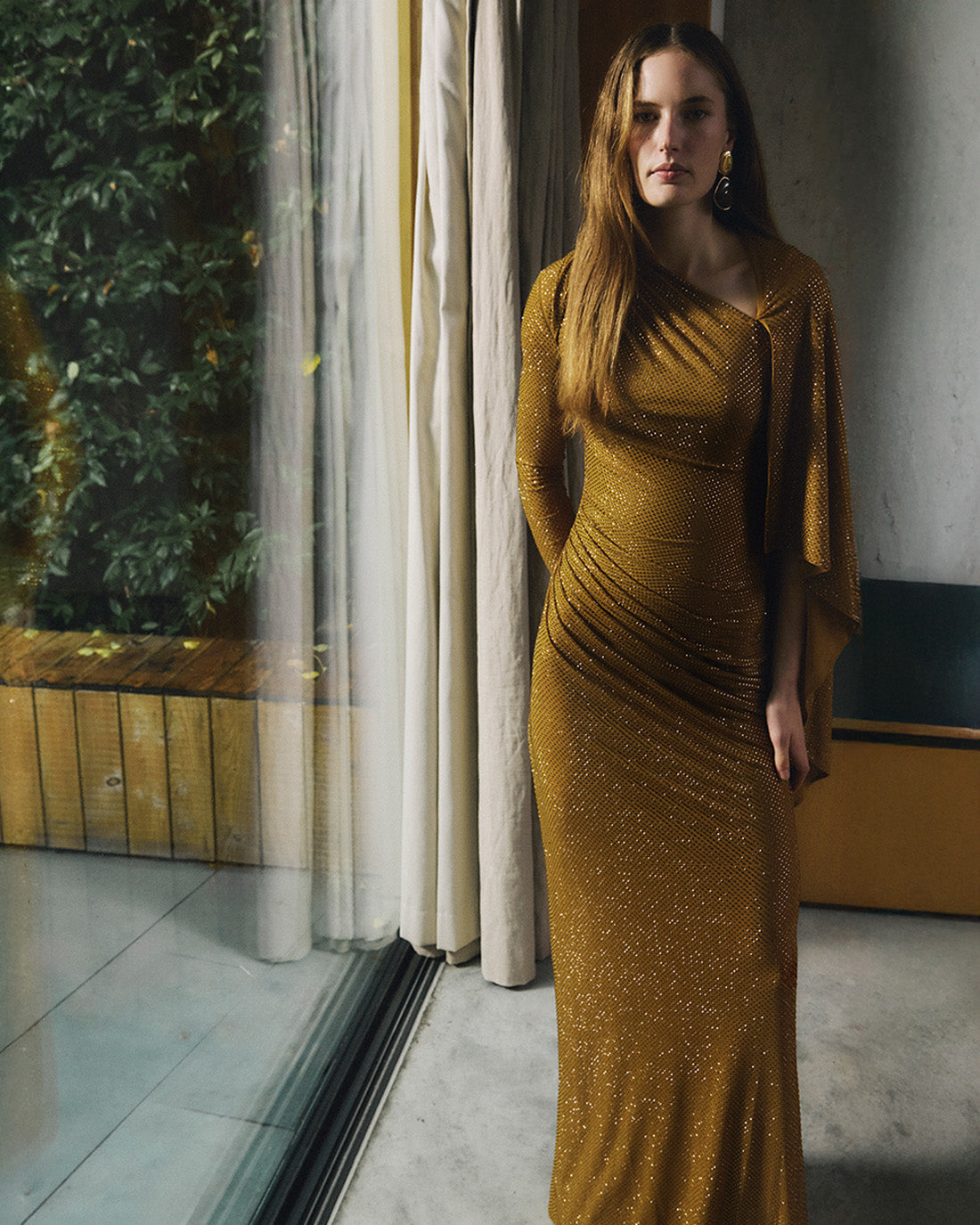 Gold Rhinestone Drape Maxi Dress