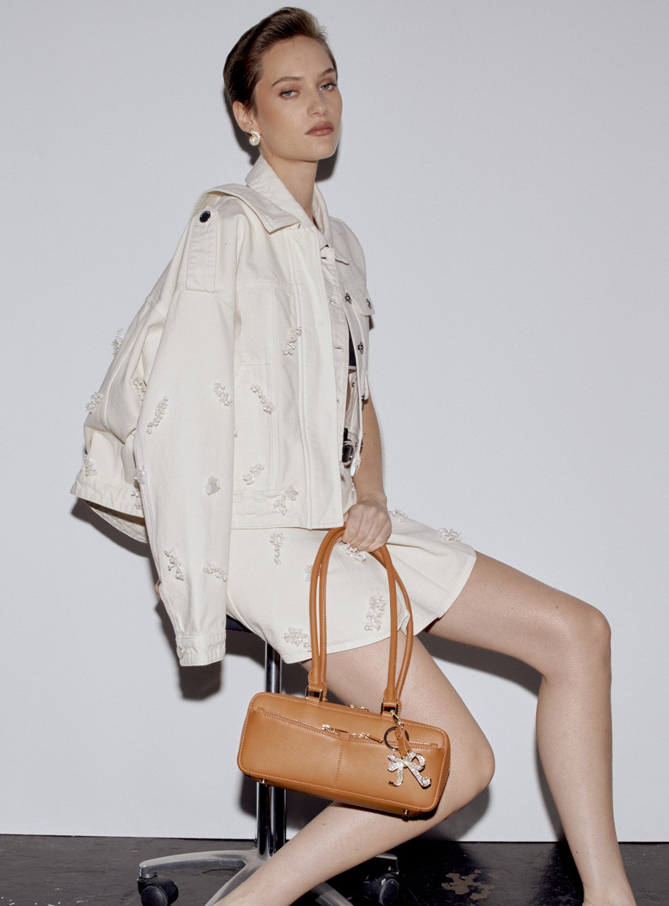 Tan Leather Baguette Shoulder Bag With Charm