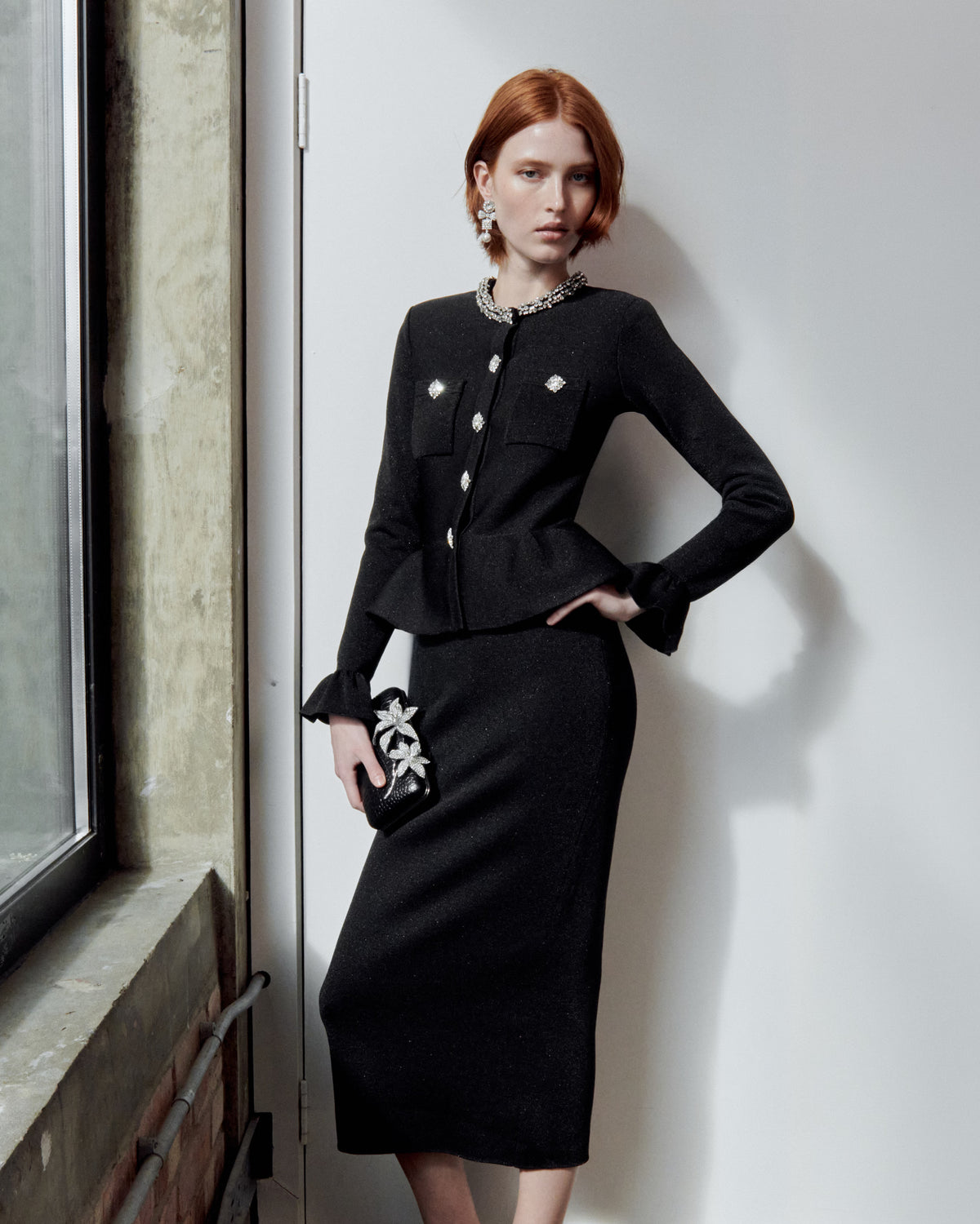 Black Crystal Trim Knit Midi Dress